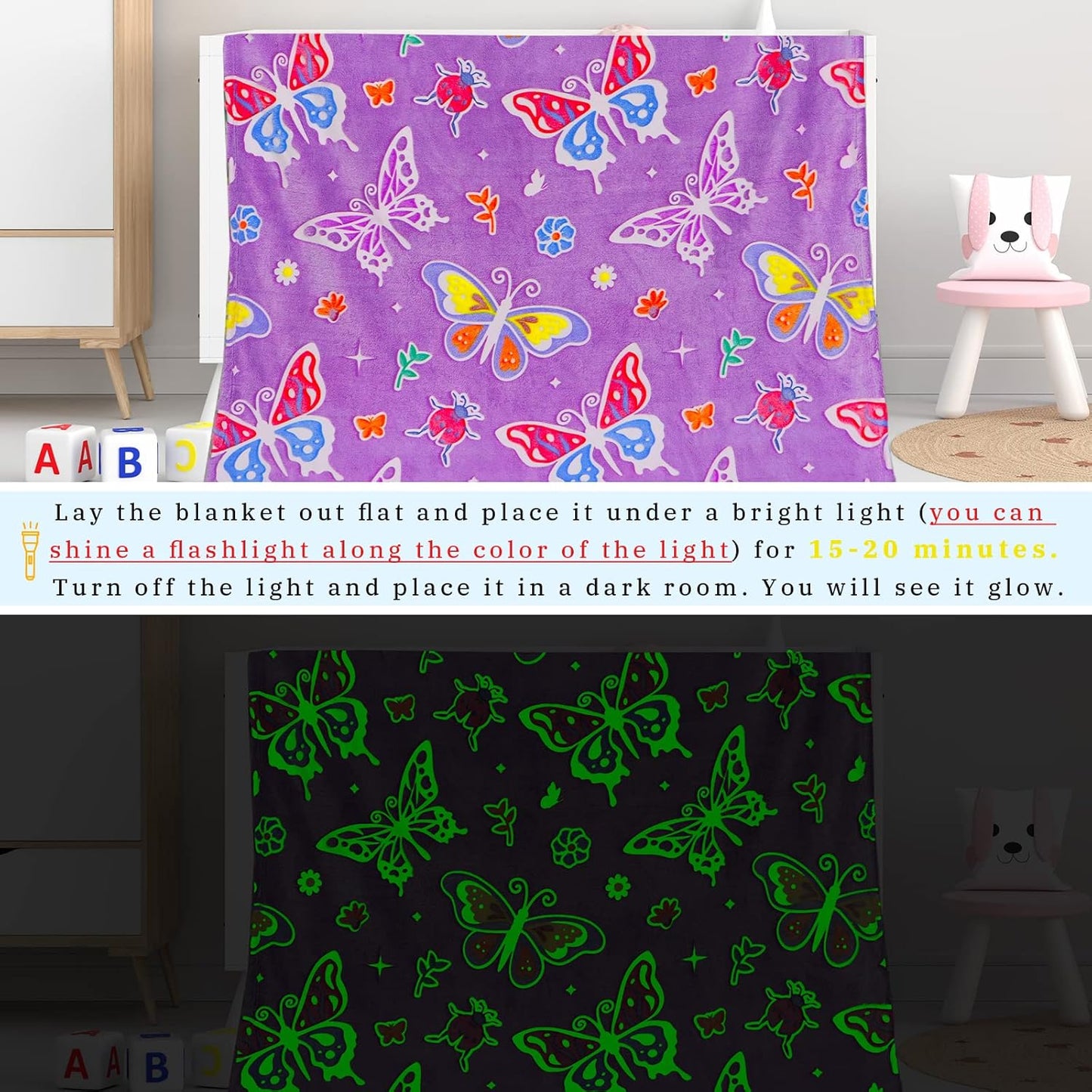 Butterfly Gifts Glow in the Dark Blanket for Girls, Soft Flannel Throw Easter Blanket for Kids Toddlers, Girls Birthday Gifts for Granddaughter, Butterfly Decor, 40"x50"