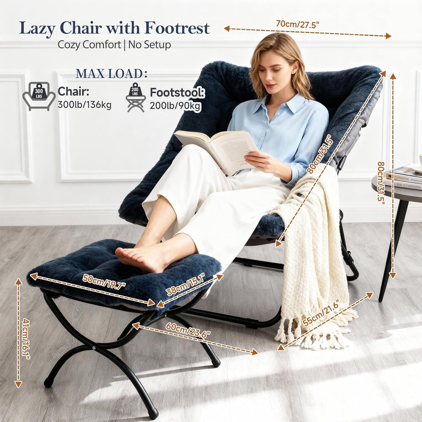 Saucer Chair with Ottoman, Comfy Doorm Chairs, Oversized Folding Faux Fur Chair, Foldable Metal Frame Chair for Bedroom, Living Room(Navy Blue)