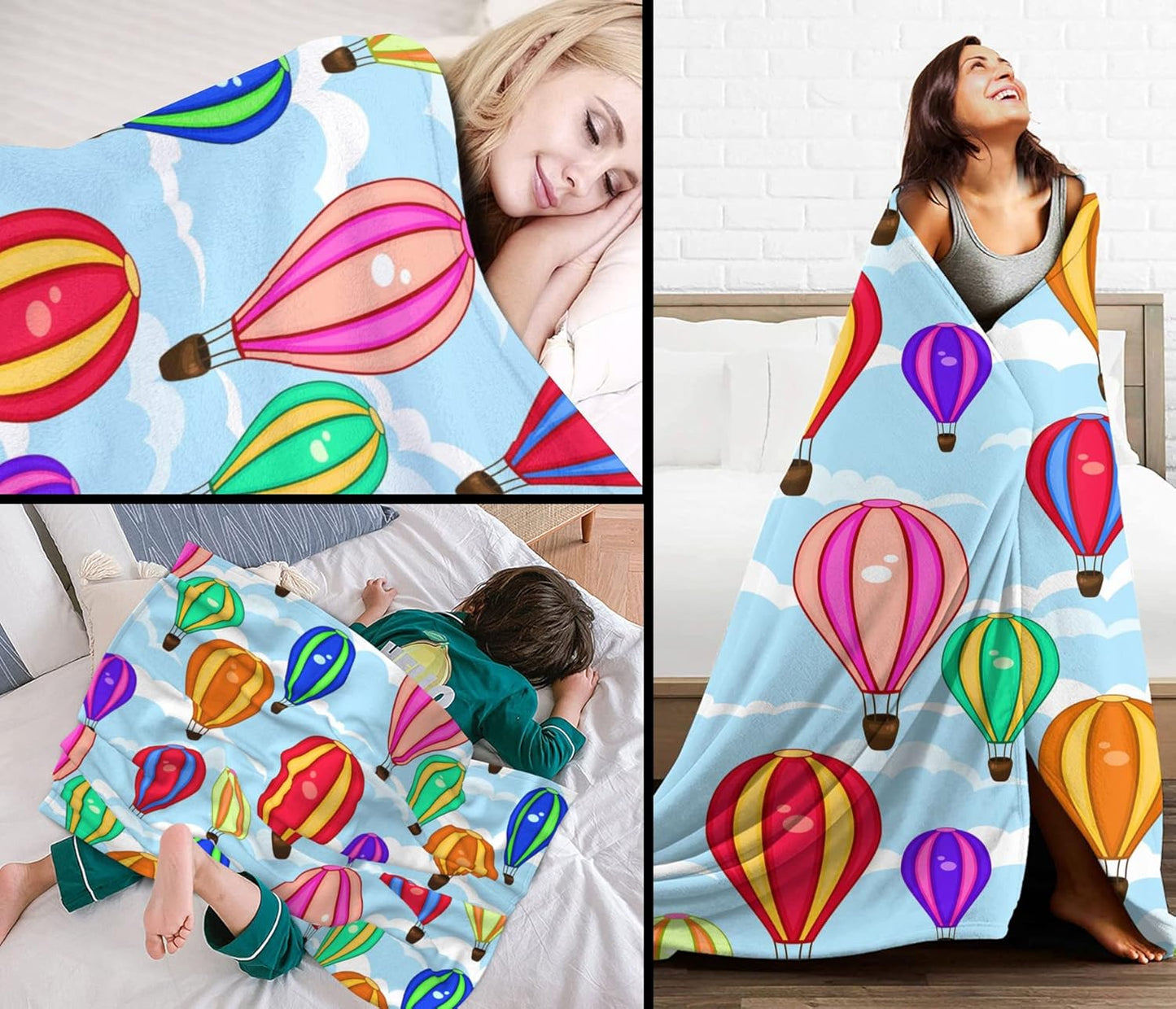 Hot Air Balloon Blanket 50x60 Inches - Flannel Fleece Throw Blankets for Adults - Soft Cartoon Cloud & Balloon Design - Cozy Lightweight Blanket for Couch, Office & Reading Nook - Home Decor Gift