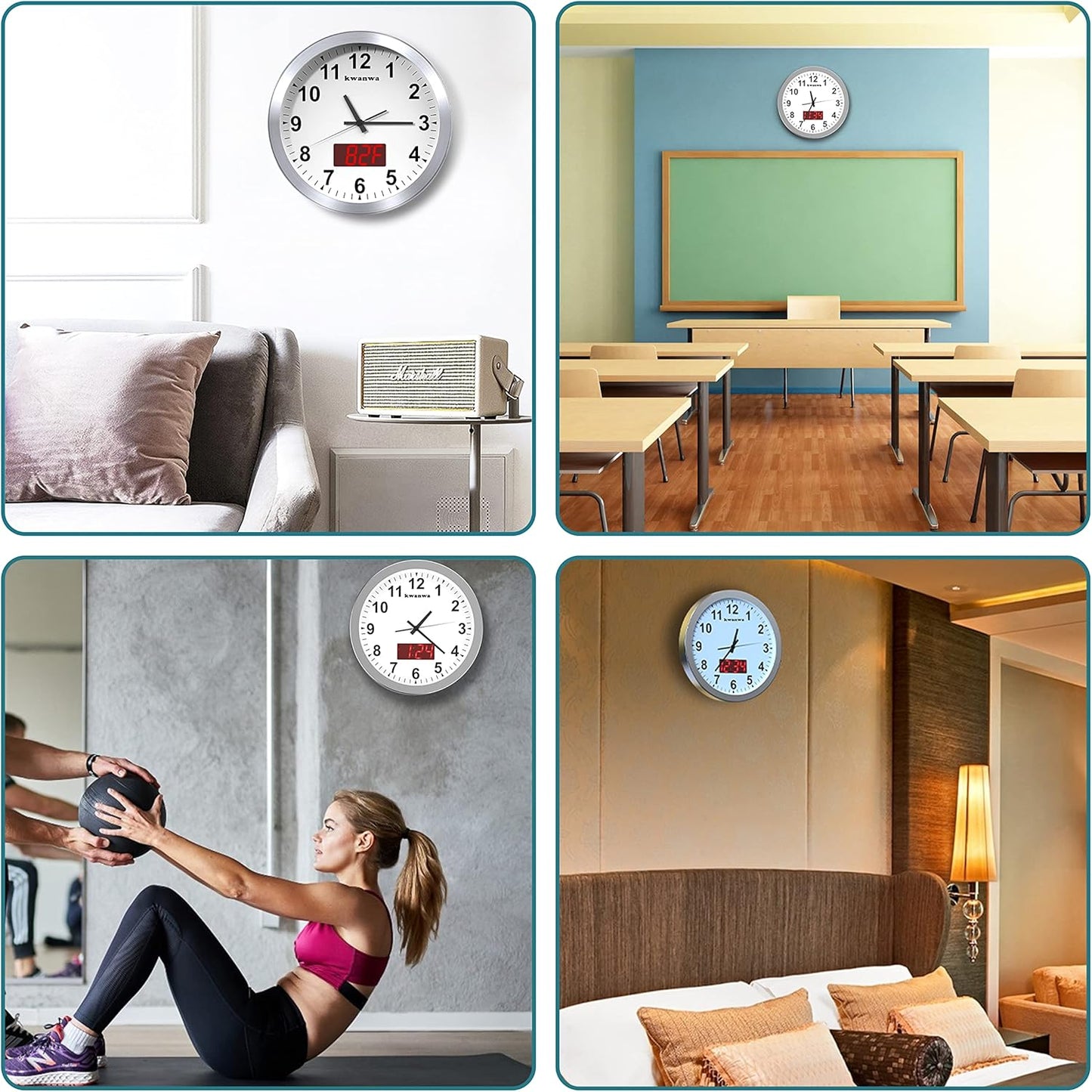 Wall Clock, 12" Metal Quartz LED Wall Clock, 1.4'' Light Sensor Auto Digital LED Time Display or Temperature, Adjustable Brightness, Battery Operated, Non Ticking Silent Quiet Sweep Second Hand