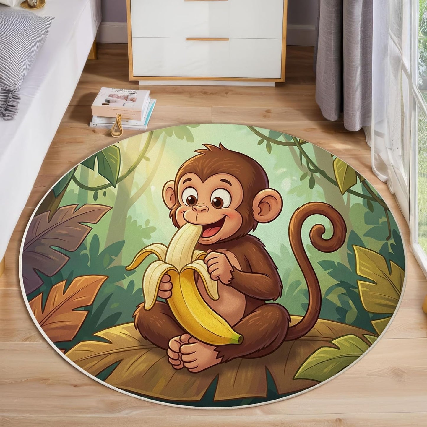 Modern Round Area Rug for Living Room, 5Ft Washable Round Rug Emerald Green Tropical Monkey Banana Circle Rugs for Dining Room Table, Cartoon Animal Small Circular Floor Carpet for Bedroom