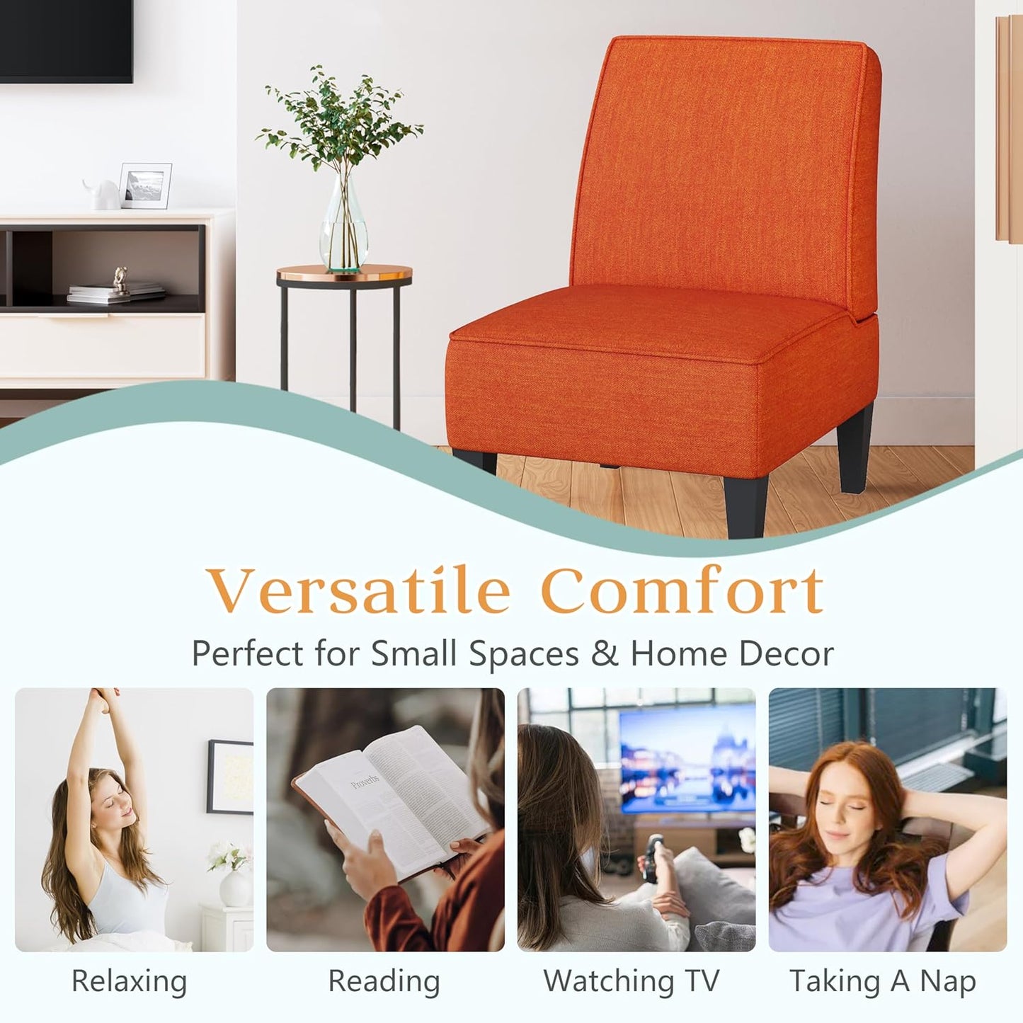 ALISH Accent Chairs Set of 2 Upholstered Living Room Chairs Armless Side Chairs Bedroom Chairs with Curved Backrest and Wooden Legs Orange