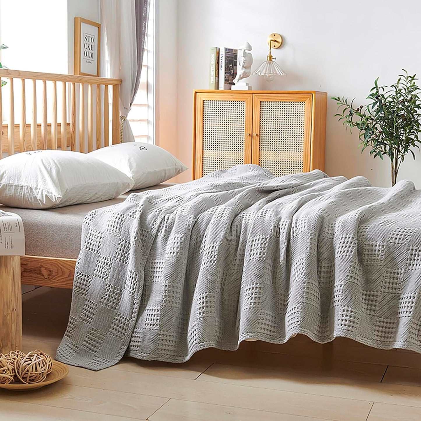LGYKUMEG 100% Cotton Waffle Throw Blanket,Lightweight Washed Cotton Blanket - Cotton Breathable All-Season Knit Throw Blankets for Bed and Couch,Light Gray,40x60 inch