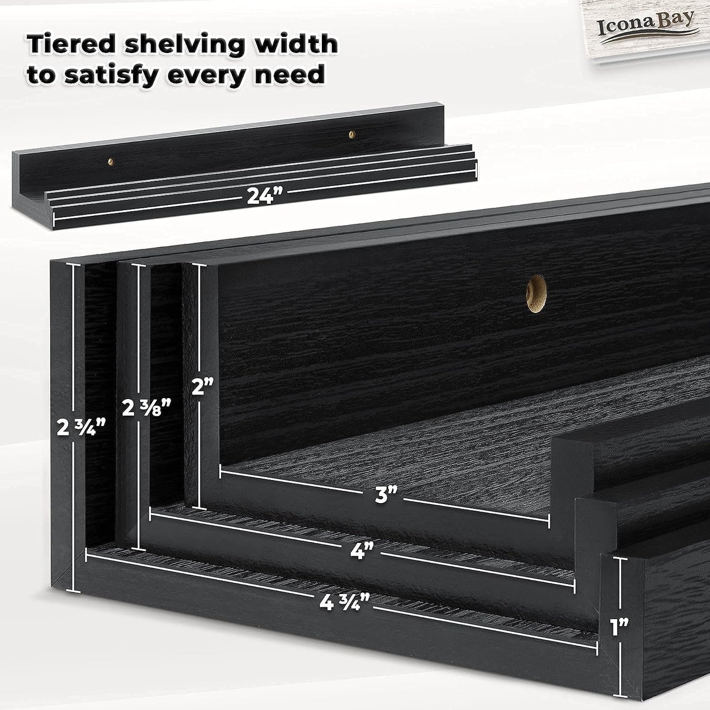 Icona Bay 24 Inch Floating Shelves for Wall - Set of 3 in Ebony Black - Modern Rustic Style - Wall Mounted Display Shelves - Picture Ledges