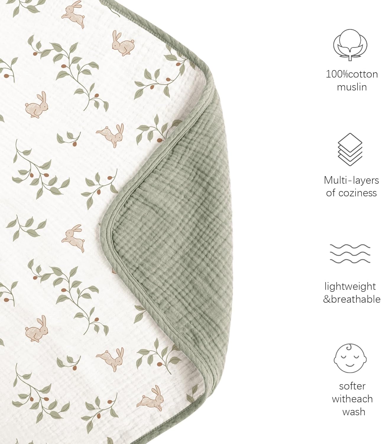 Konssy Muslin Baby Blankets for Girls Boys, 100% Cotton Crib Blanket for Baby Infant Toddler, Super Soft and Lightweight Nursery Blankets 40"x36"（Rabbit