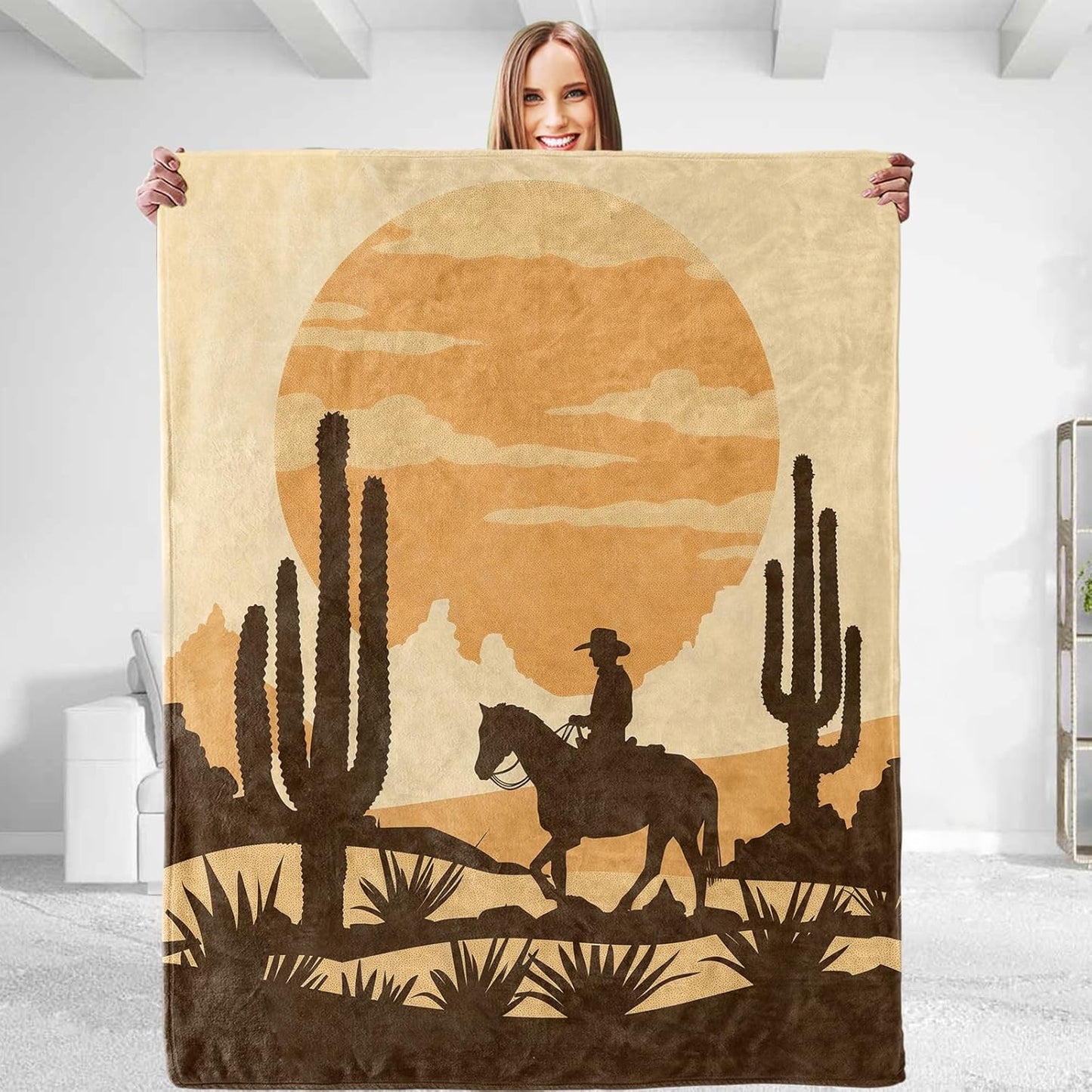 Western Cactus Blanket - Soft Plush Flannel, Comfy&Lightweight for All Seasons, Warm and Fuzzy, Anti-Pilling Throw Blanket for Couch, Bedroom, Travel, Bed, Outdoor 50in×60in
