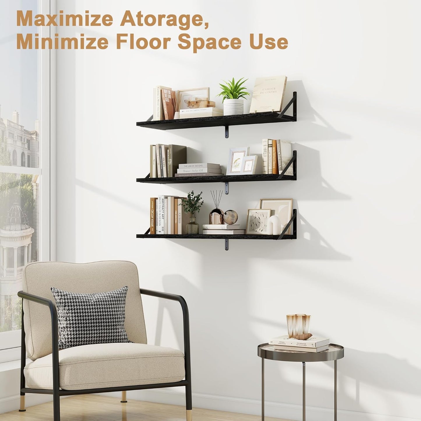 Fun Memories Floating Shelves, 32 x 8 Inches, Set of 3 Wall-Mounted Bookshelves with Metal Brackets, Decorative Storage for Home and Office (Black)