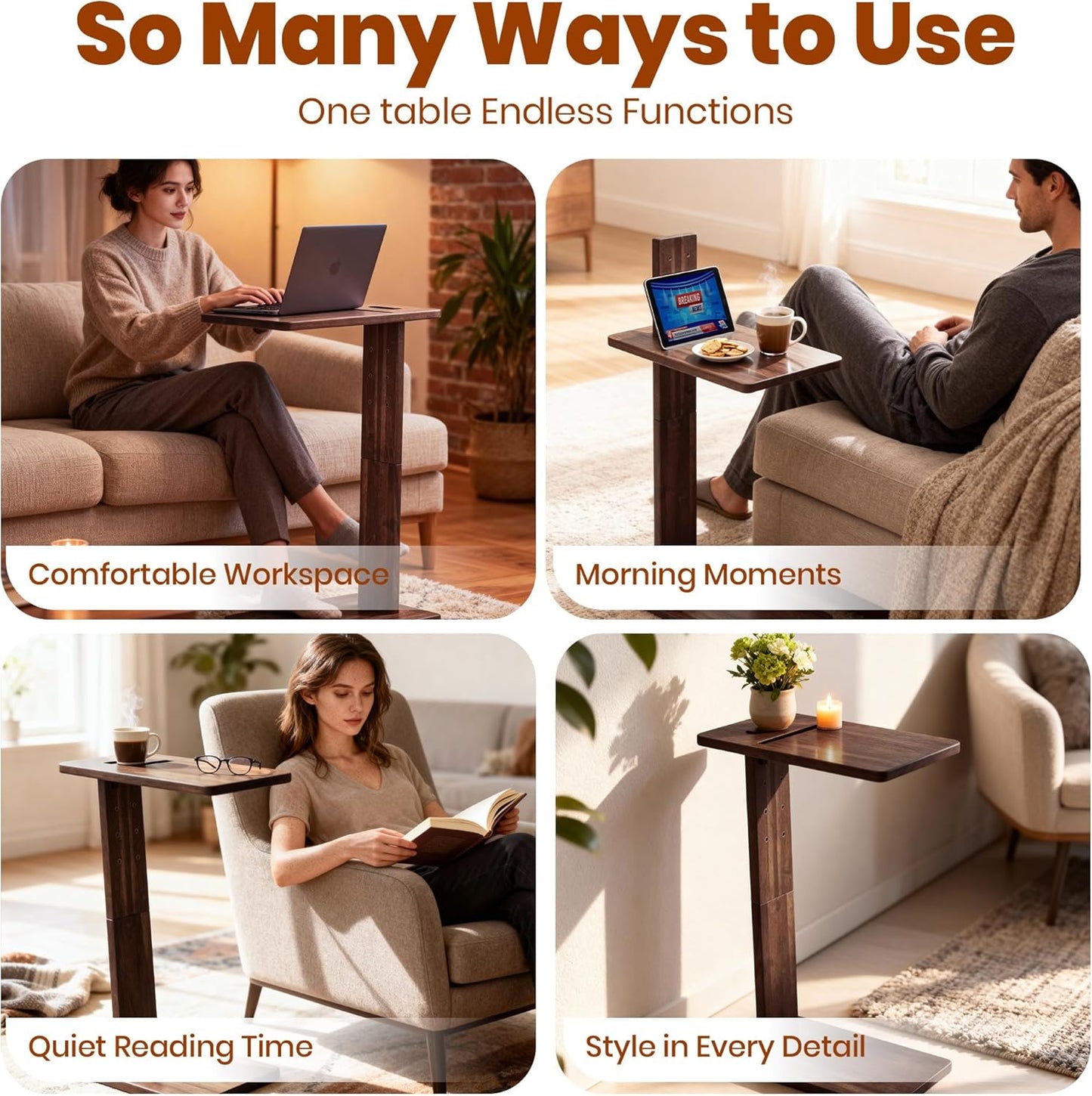 C Table, Premium Solid Acacia Wood, Adjustble Hight and Tablet Holder, Side Tabel for Sofa and Bad