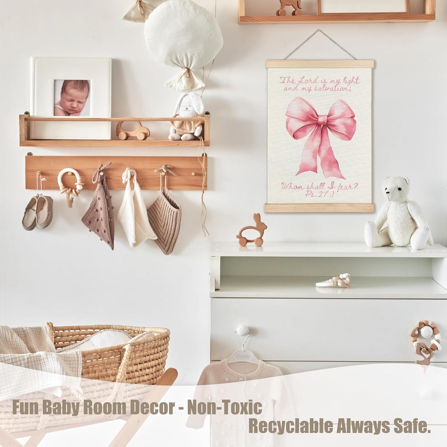 WUCHJ Coquette Pink Bow Christian Wall Art Poster, Girl Nursery Decor, Christian Psalm 27:1 Bible Verse Aesthetic Canvas Prints Artwork for Girls Bedroom Playroom Church Decor, 12x16 Inch
