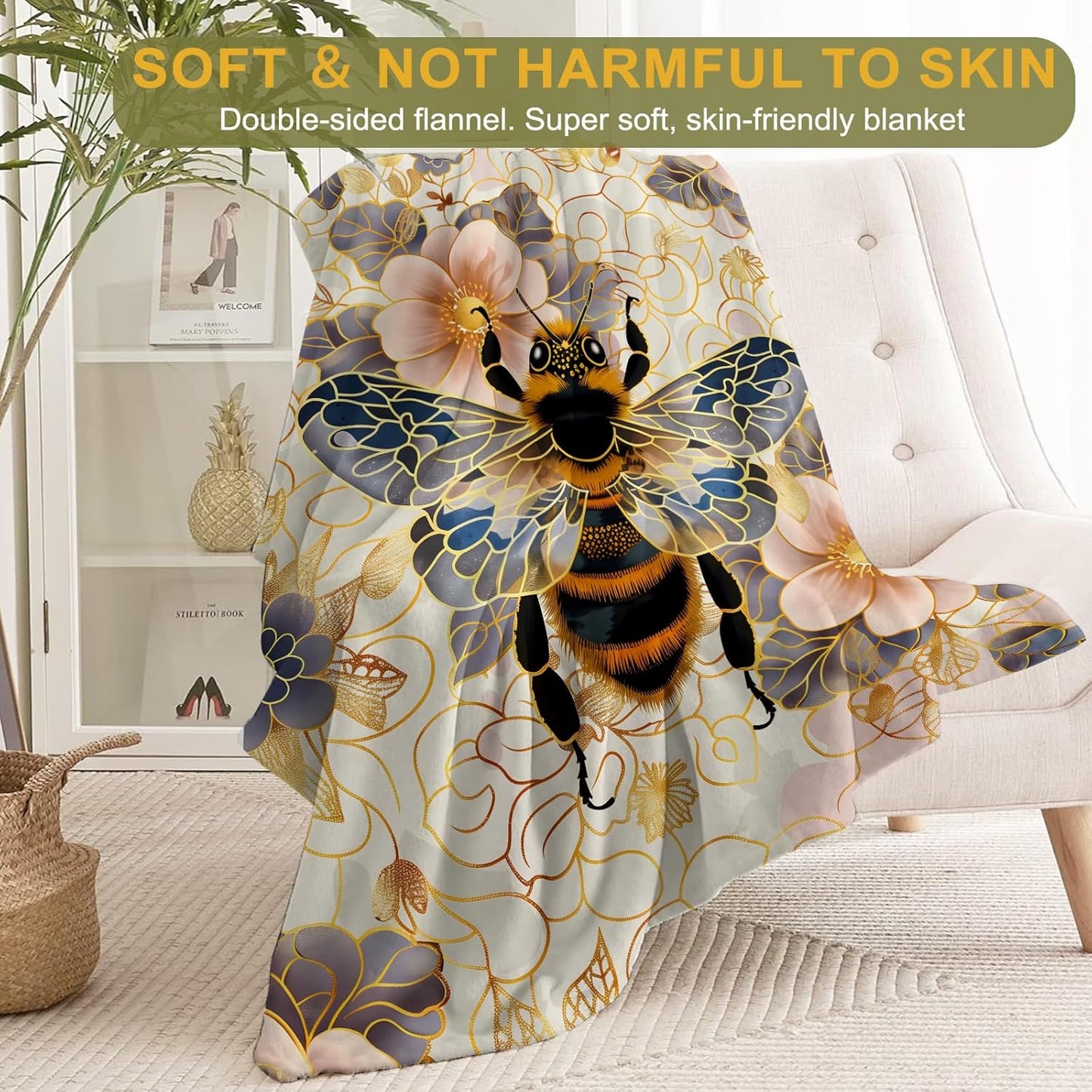 Bee and Floral Flannel Blanket - Cute Bird with Detailed Animal and Golden Flower Throw - Lightweight Soft Cozy Gifts Blankets for Kids Adult,Modern Artistic Decor,Home Room Accent 50x60in