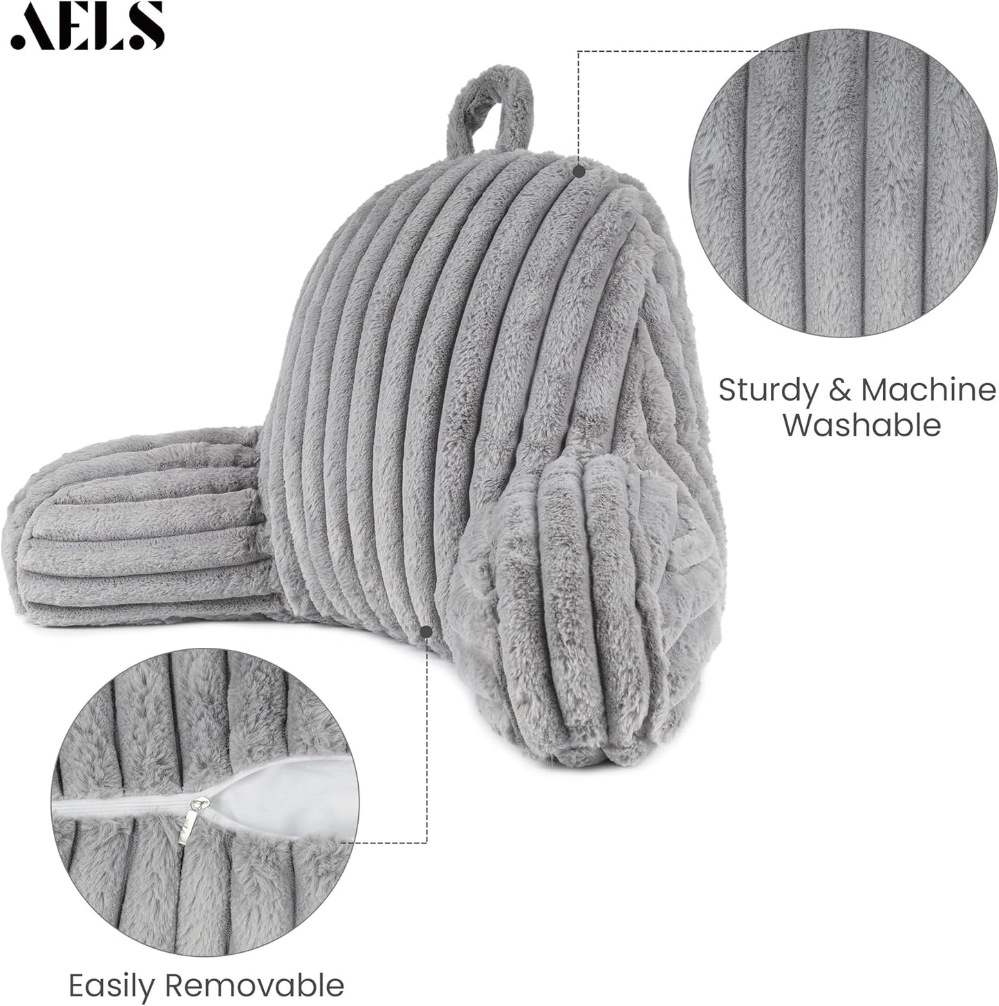 AELS Large Reading Pillow Replacement Cover with Arms and Pockets (Cover ONLY), 18" Soft Faux Fur Striped Backrest Pillow Cover Fits Standard Size Reading Pillows, Gray