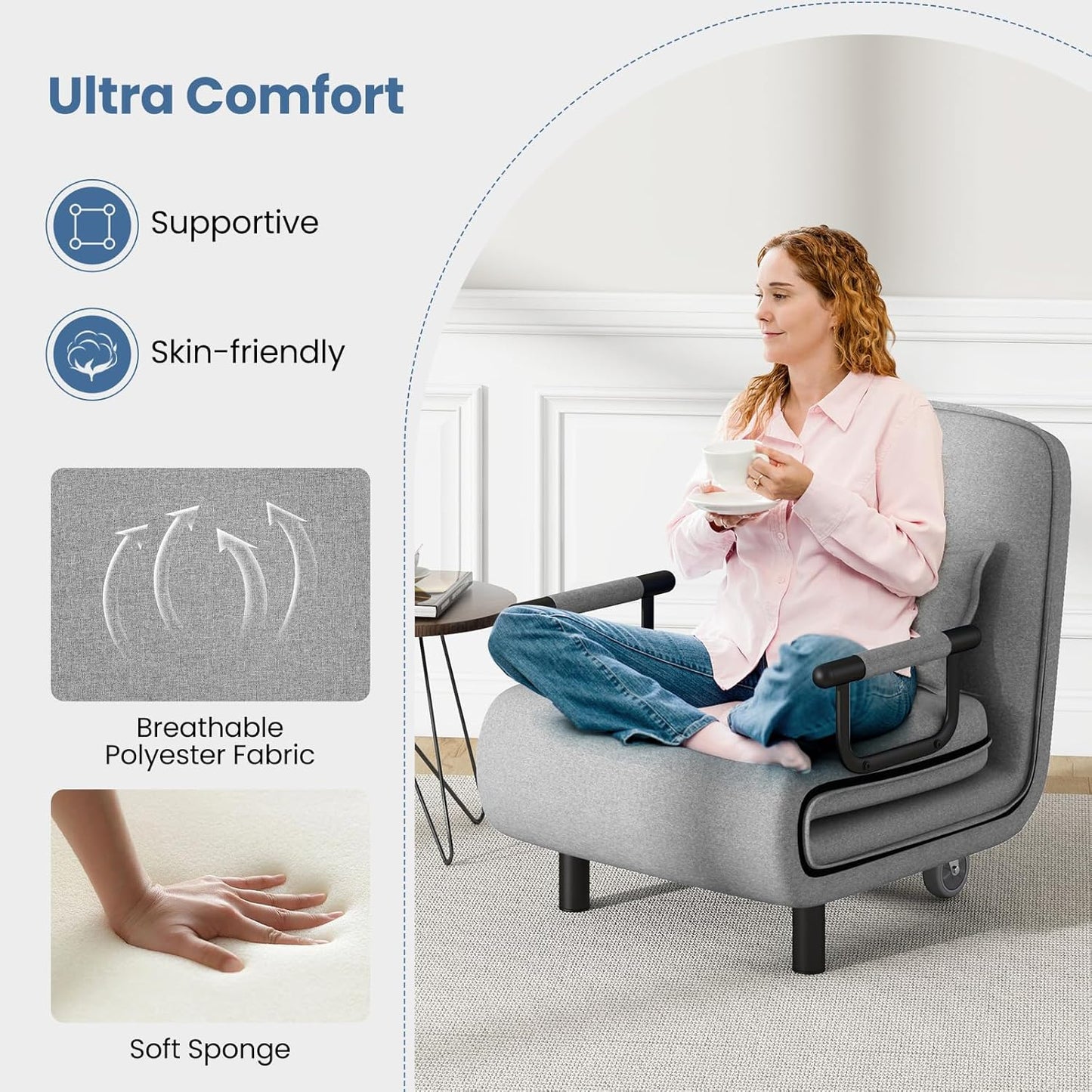 KOMFOTT Convertible Chair, Sleeper Chair with 5-Position Adjustable Backrest & Lumbar Pillow, 2 Hidden Metal Legs & 2 Lockable Casters, Comfy Chaise Lounge for Living Room & Home Office, Grey