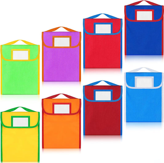 Lincia 8 Pcs Nylon Book Pouch Bags with Stitched Handle and Clear Name Tag Pockets, Book Bags for Kids, Classroom, School, Homework, Protector Store Reading Supplies, 11.8 x 9.8 Inch
