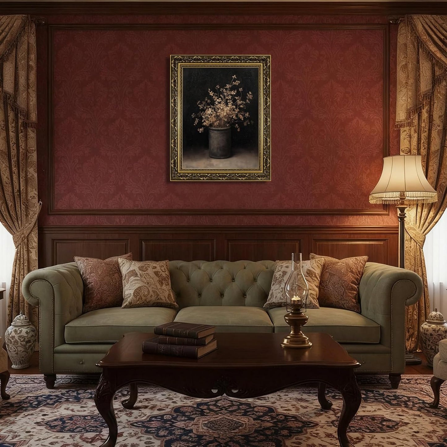 Vintage Fall Dried Flowers Vase Wall Art Print Dark Moody Rustic Still Life Painting Autumn Floral Poster Picture Botanical Gothic Victorian for Bedroom Office Wall Decor 12x16inch Black Golden frame