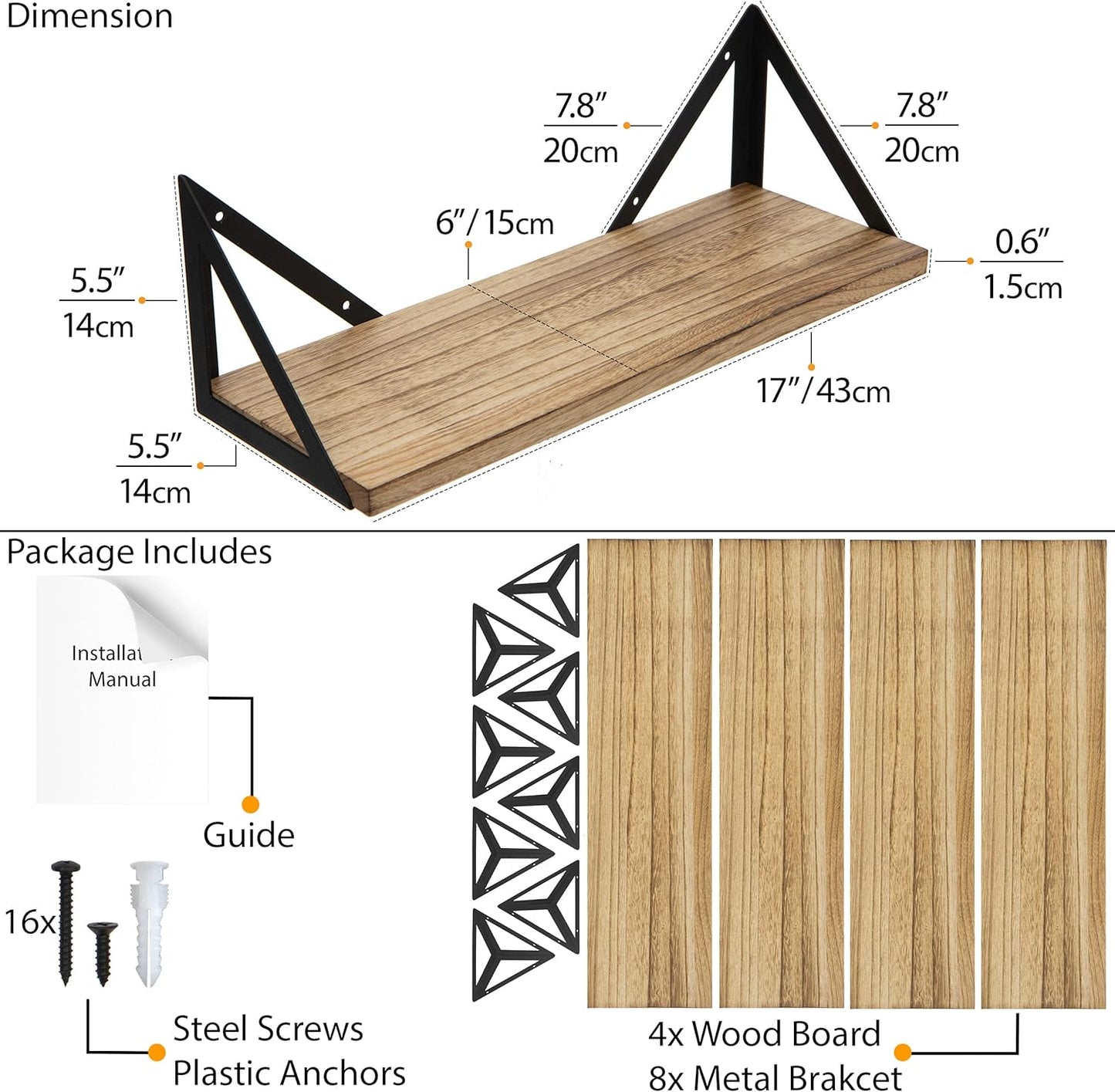 Wallniture Minori Floating Shelves Set of 4, Small Bookshelf Unit for Bedroom, Office, Bathroom, and Living Room, Natural Burned Rustic Wood Wall Decor with Metal Floating Shelf Bracket