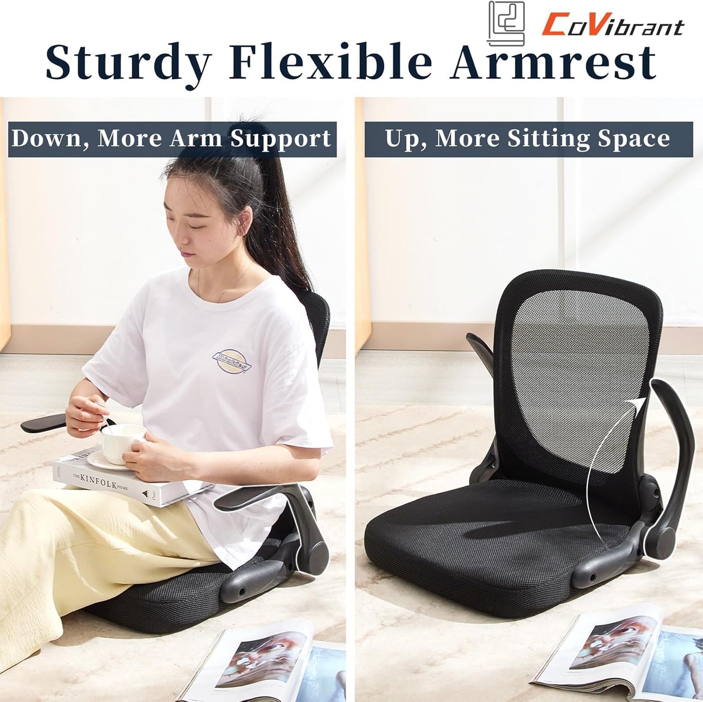 Ergonomic Floor Chair Foldable - Adjustable Armrest & Mesh Back, Thick Cushioned Seat for Gaming Reading Meditation, Multi-Use for Living Room, Bed, Tatami