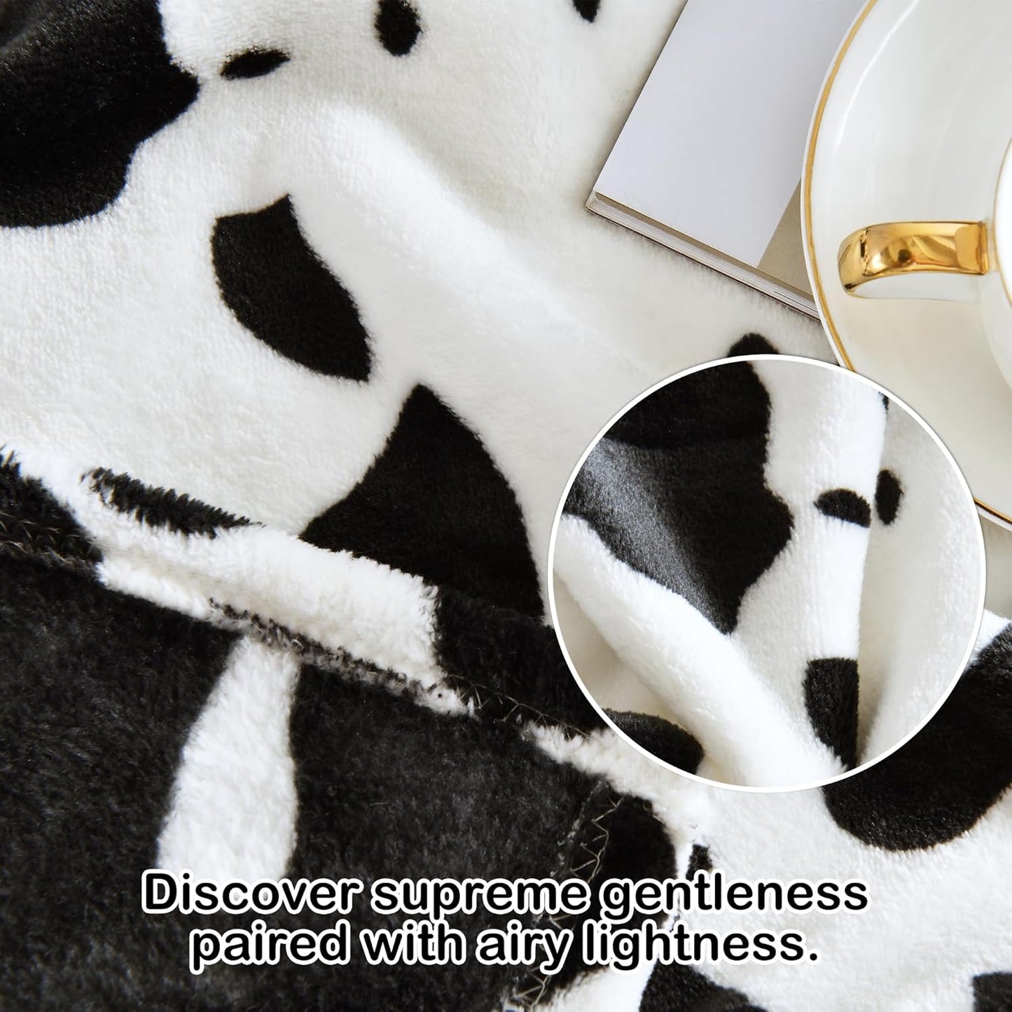 Softan Fleece Blanket - Black White Cow Print Throw Blanket - Fuzzy Lightweight Super Soft Microfiber Flannel Blankets for Couch, Bed, Sofa - Ultra Luxurious Warm and Cozy for All Seasons (90"×90")