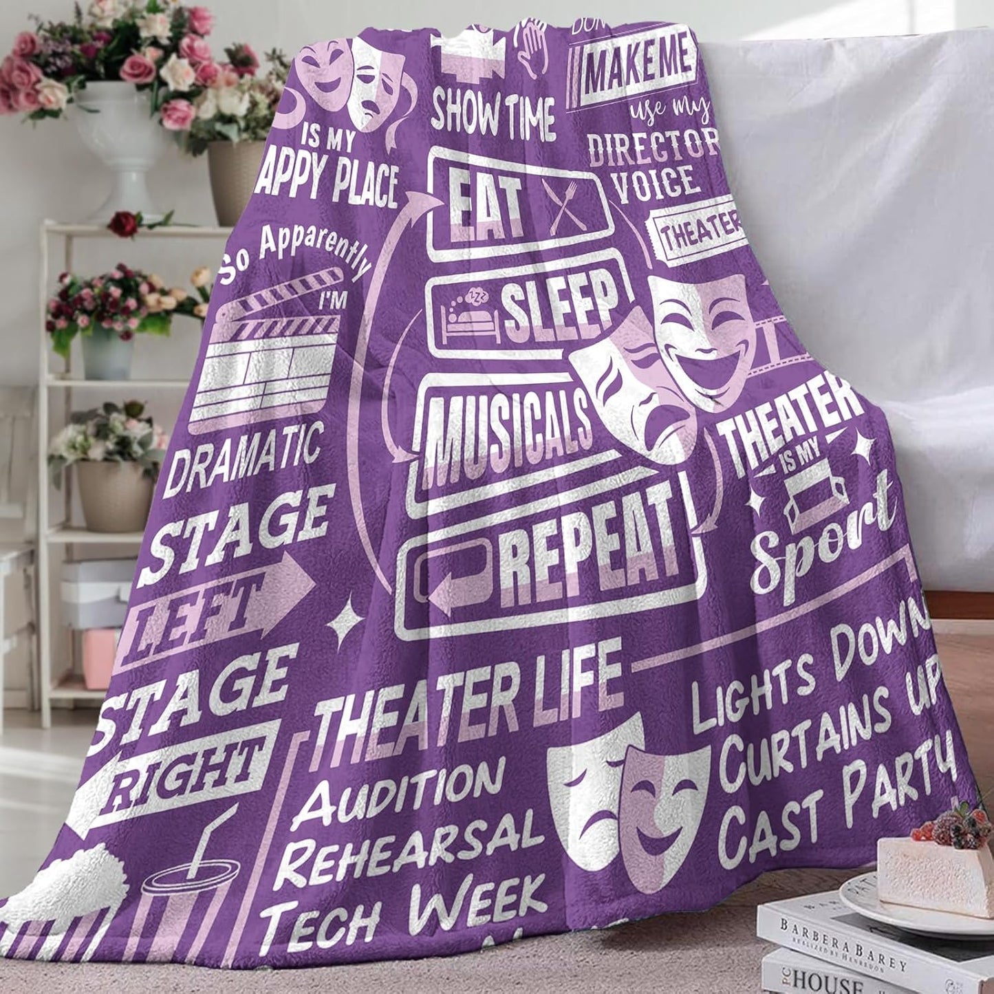 Theater Gifts Flannel Throw Blanket, Eat Sleep Musicals Repeat Present for Broadway Theatre Lover Actor, Birthday Ideas for Women Girl Boy, Soft Blankets for Bedding Sofa 50"x60"