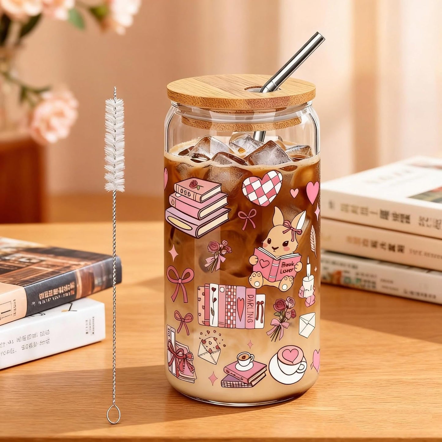 JOYMIA Iced Coffee Cup with Lid & Straw - Book Lovers Gifts for Women, Cute Cups for Reading & Office, Valentine’s Day Present, Bookish Gifts for Her