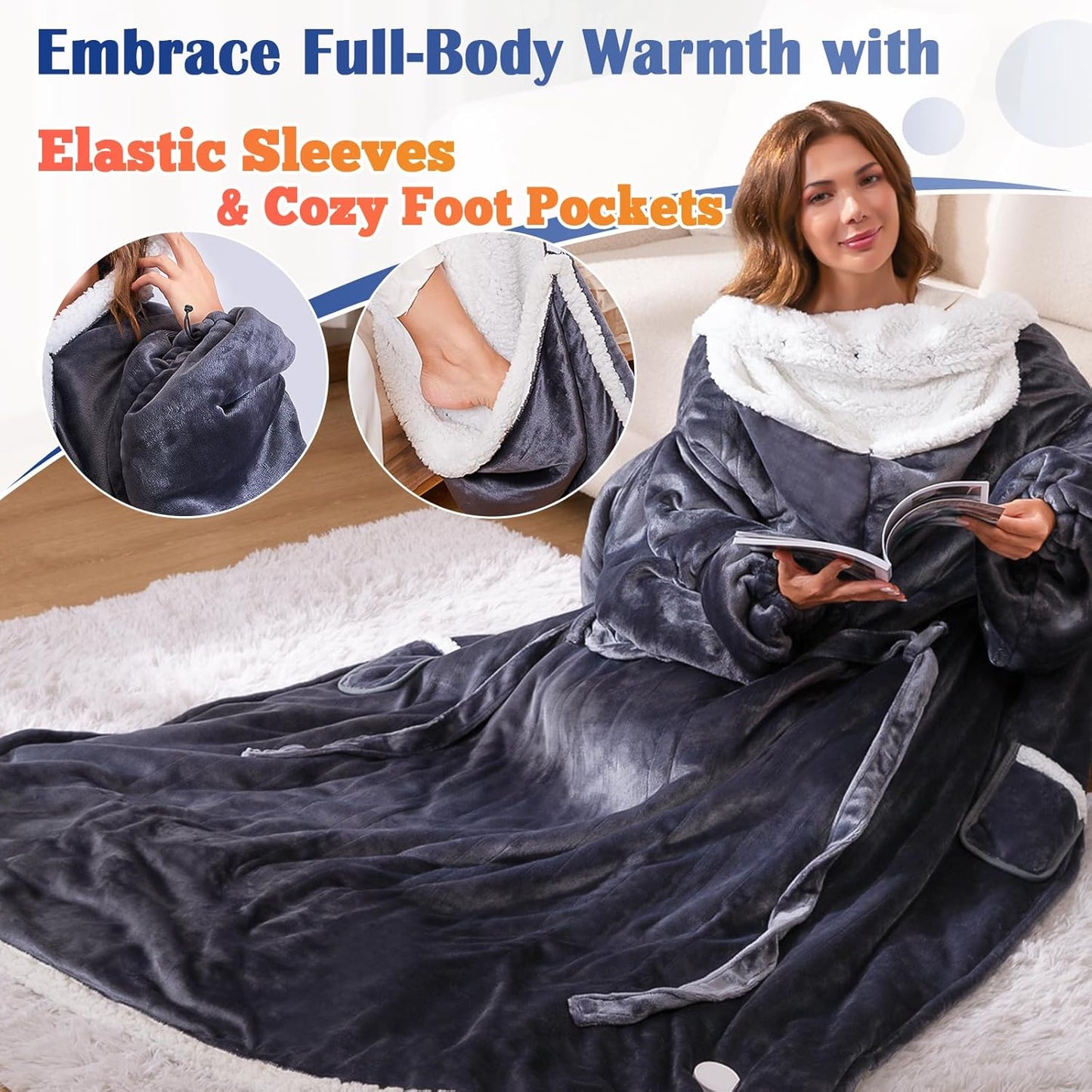 Wearable Heated Blanket Electric Snuggle Throw Blankets,Flannel&Sherpa Heating Blanket with Sleeves Foot Pocket