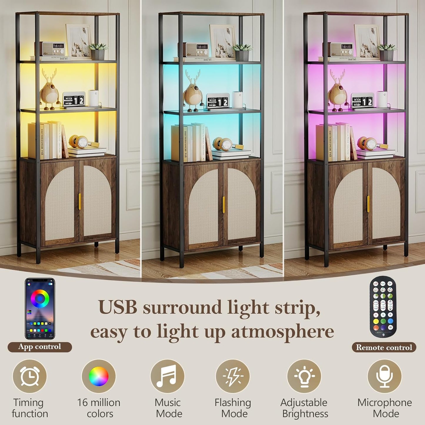 Rattan Bookshelf with Storage, 71" Tall Bookcase with Doors, Boho Book Shelf Narrow with LED Lights for Living Room, Bedroom, Home Office, Brown