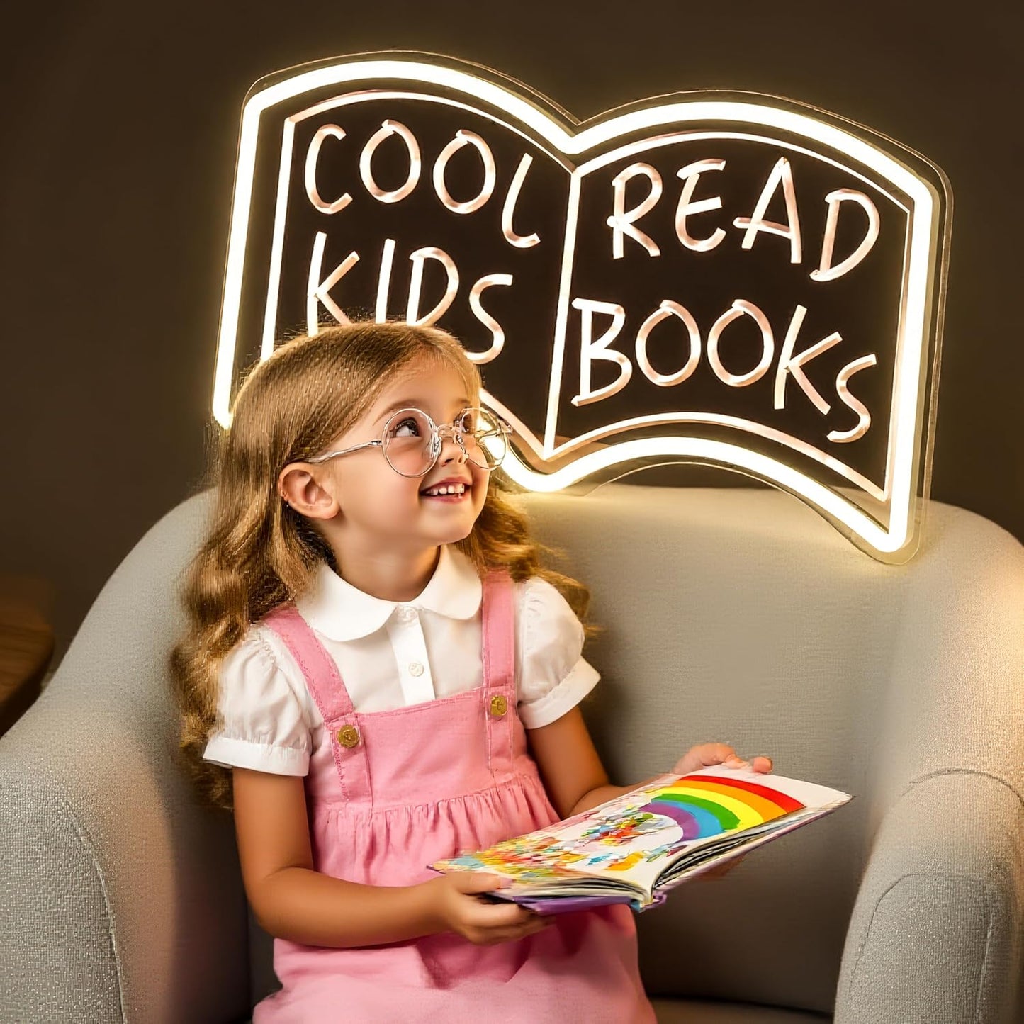 Cool Kids Read Books Neon Signs for Wall Decor Suitable for Library, Classroom, Reading Corner, Bedrooms. Book Neon Light Sign with Adjustable Dinmmer Switch Reading Letter LED Neon Lights 16.75''*8.66''Warm White