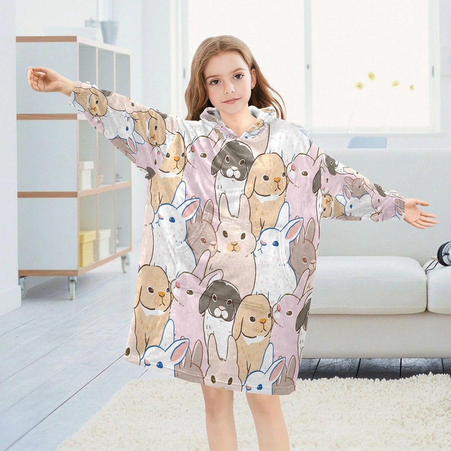 YETTASBIN Pink Bunny Wearable Blanket Hoodie for Kids, Oversized Soft Cozy Flannel Sweatshirt Blanket with Pocket
