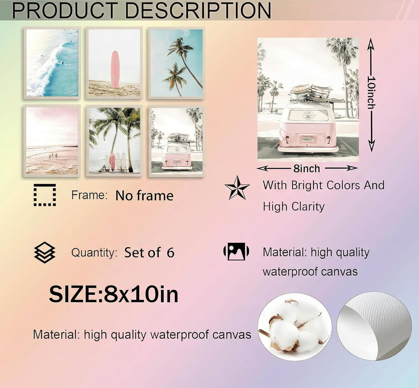 6PCS Preppy Aesthetic Beach Canvas Wall Art Pink Surfboard Palm Tree Ocean Waves Posters Prints Paintings Coastal Summer Pictures Wall Decor for Teen Girls Bedroom Dorm Bathroom Unframed