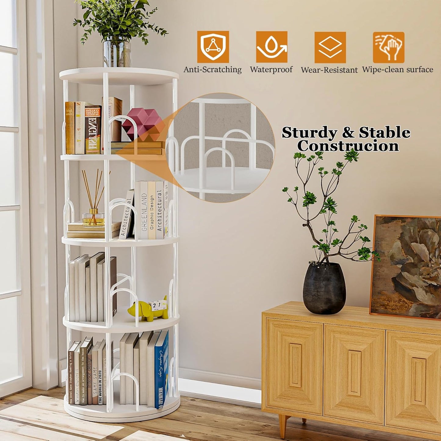 4 Tier Round Rotating Bookshelf Revolving Bookcase, 360° Spinning Book Shelf Tower for Kids, Narrow Rolling Bookshelves for Small Space, Corner, Bedroom, Office