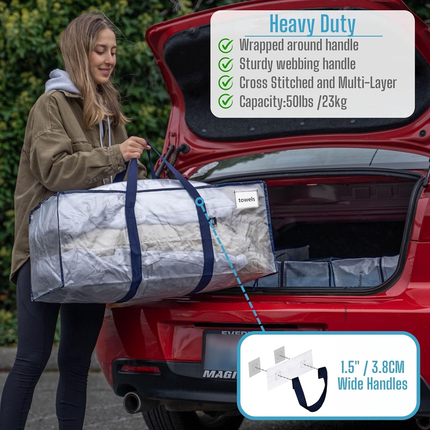 VENO 4 Pack Moving Bags, Christmas Storage Containers, Storage Bins with Lids, Reinforced Wraparound Handles, Packing Bags for Clothes, Bedding, Comforters (Clear, 4 Pack)
