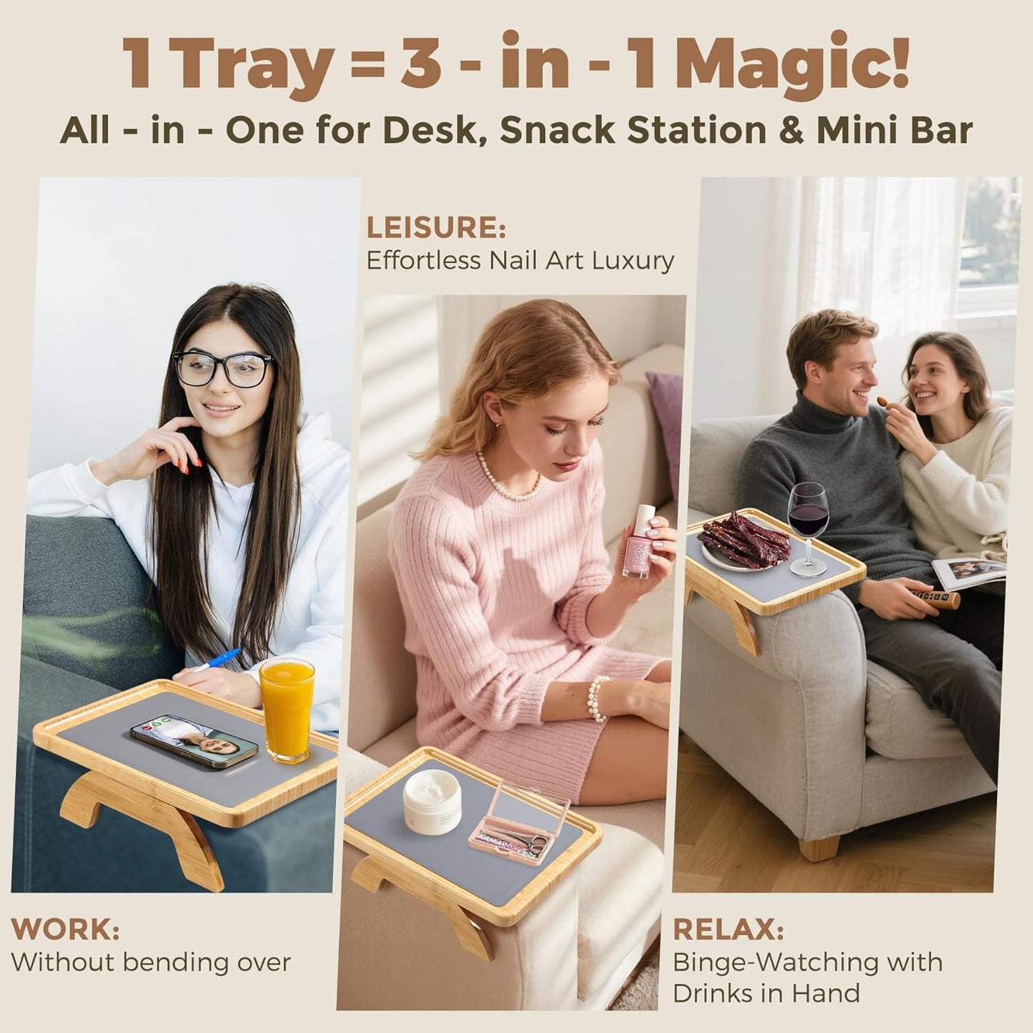 Couch Armrest Table, Foldable Bamboo Sofa Arm Tray for Couch with a Non-Slip Pad, Clip On Couch Arm Table for Remotes/Eatting/Drinks, Fits Sofa Armrest 3.5"-13.5" Natural