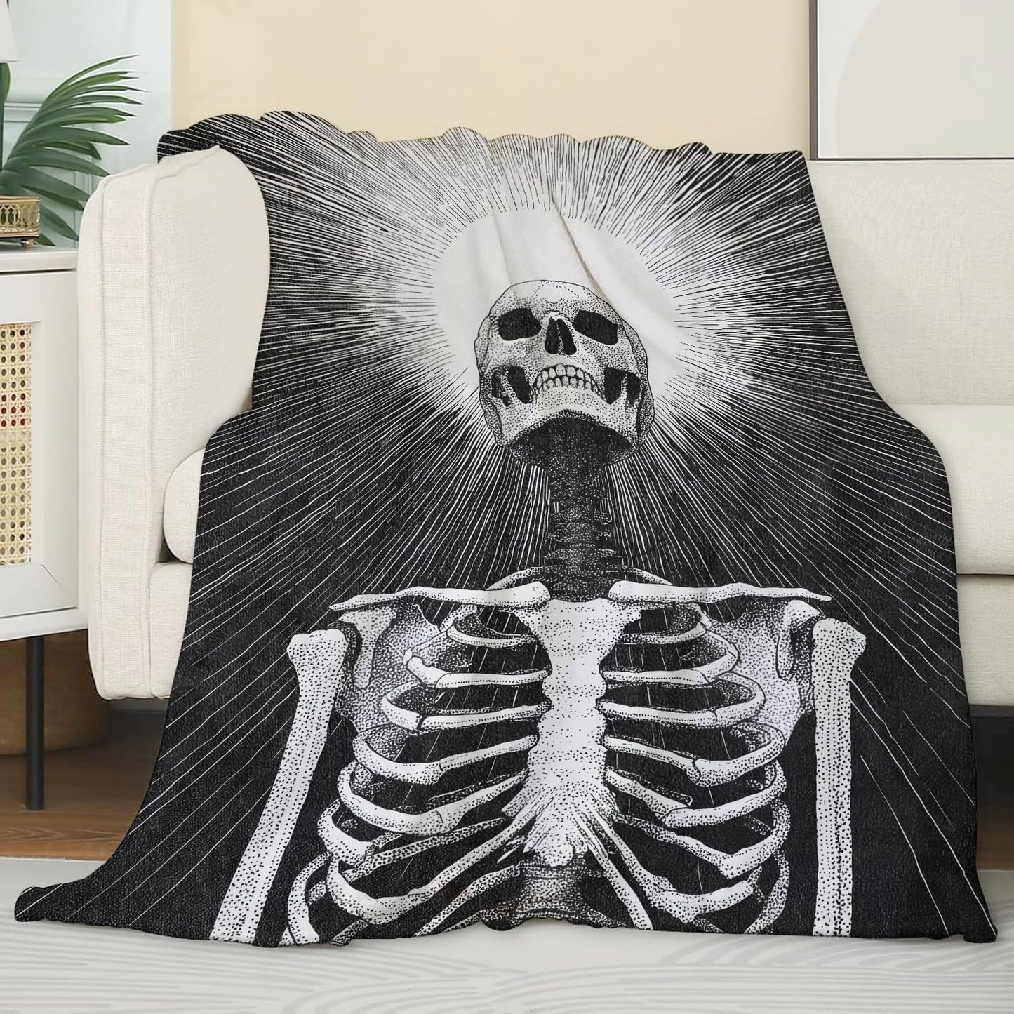 Gothic Skeleton Fleece Blanket, Soft Throw with Black and White Skull, Lightweight Cozy Blankets for All Seasons, Goth Dramatic Home Decor and Gifts for Halloween and Adults, 50x60 Inch