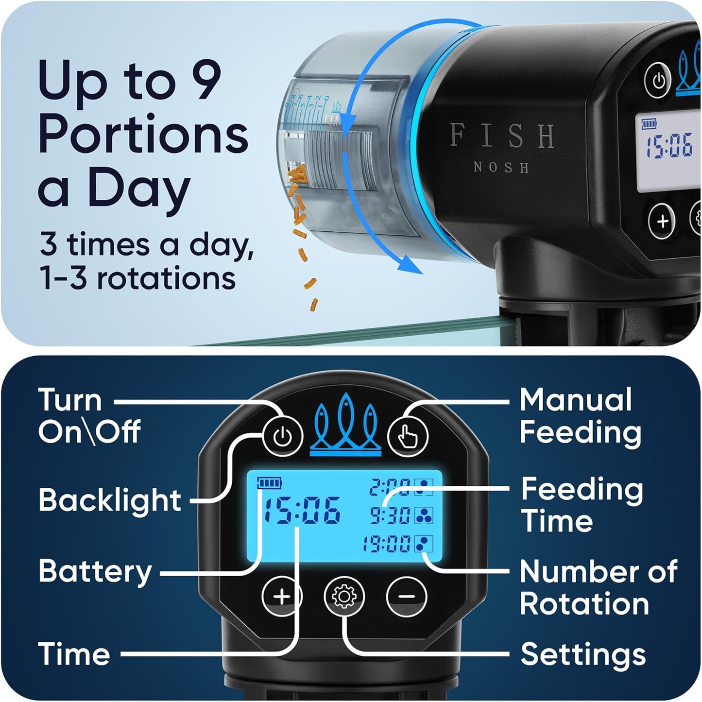 FISHNOSH Automatic Fish Feeder for Aquarium - New Generation 2026, Auto Food Dispenser with Timer for Small Tank, Big Aquariums & Pond (Blue)