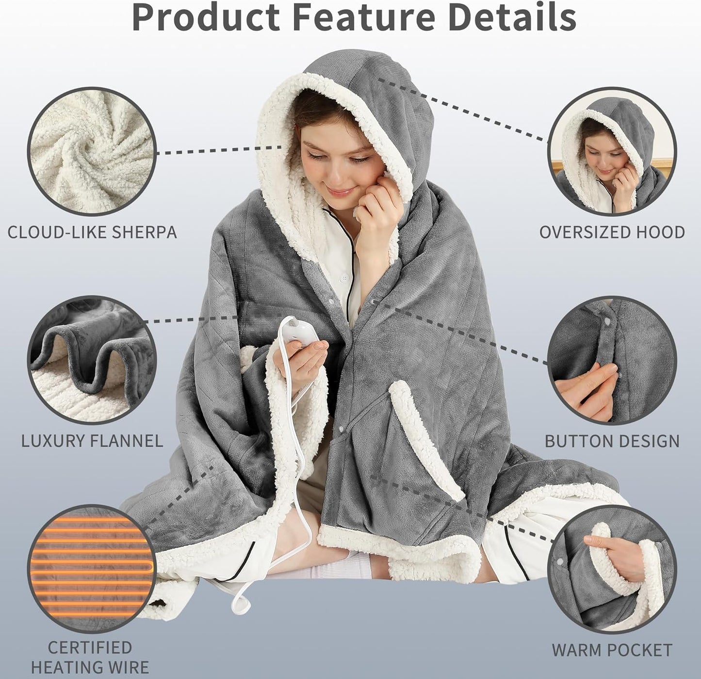ESTINGO Wearable Heated Blanket Electric Throw, Heated Shawl with 6 Heating Levels and 1-4 Hours Auto Off, Heated Hoodie Women for Mom Women Seniors Grandma 50"×64" Light Grey