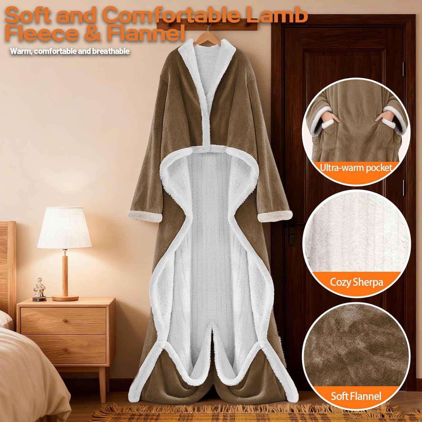 Wearable Heated Blanket With Sleeves & Foot Pocket, Heated Throw Blankets Fast Heating Blanket With 10 Heat Settings Auto Shut Off Over-Heat Protection-Warm Gift, Machine Washable, 52”*72”+18”