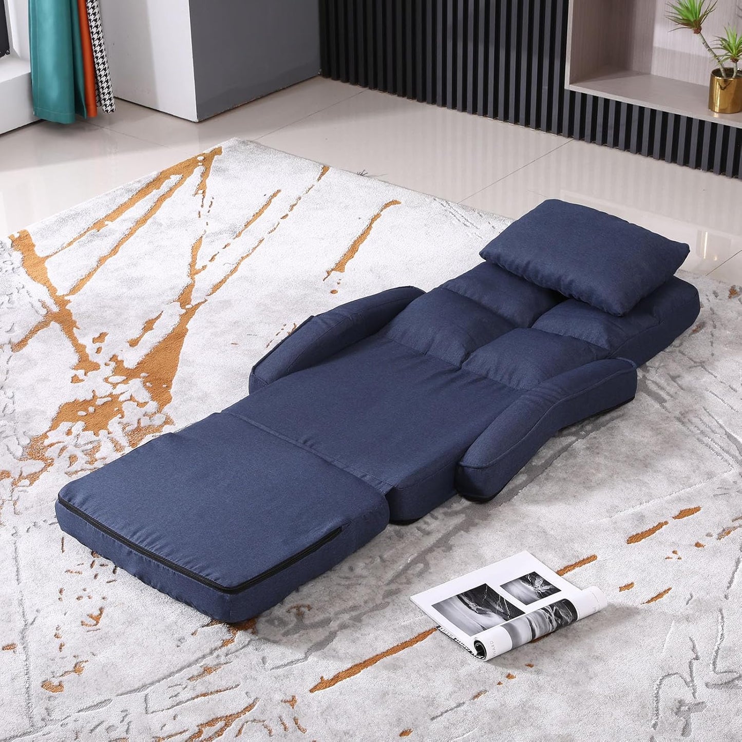Indoor Floor Chair with Armrest and Pillow Folding Chaise Lounge Sofa 14-Position Adjustable Comfy Gaming Recliner Chair Padded Seats for Adults (Blue)
