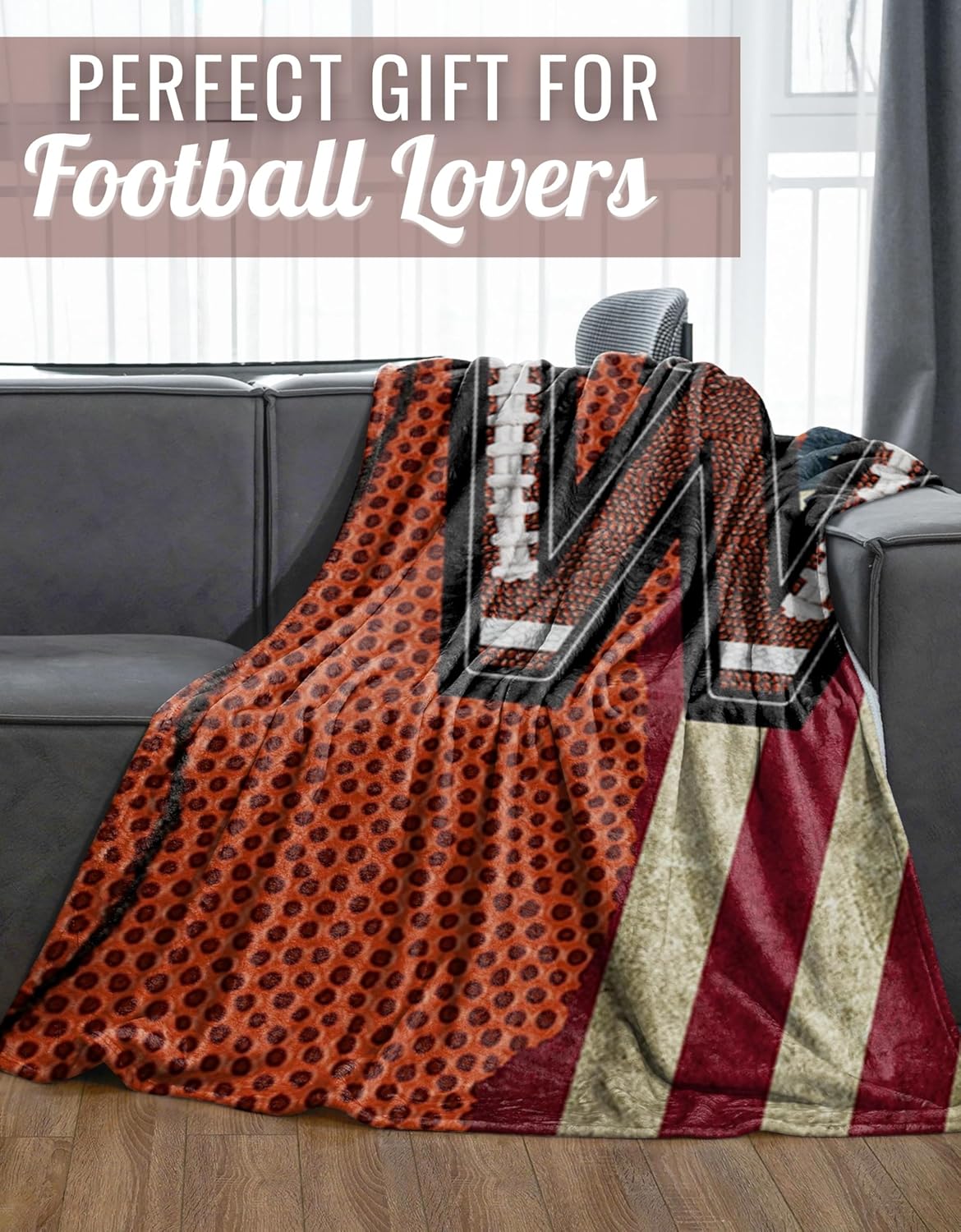 Football Blanket for Boys, Teen, Coaches, Personalized Blanket with Initials, Flannel Throw Blanket for Birthday, Christmas, 50x65 Inches, D