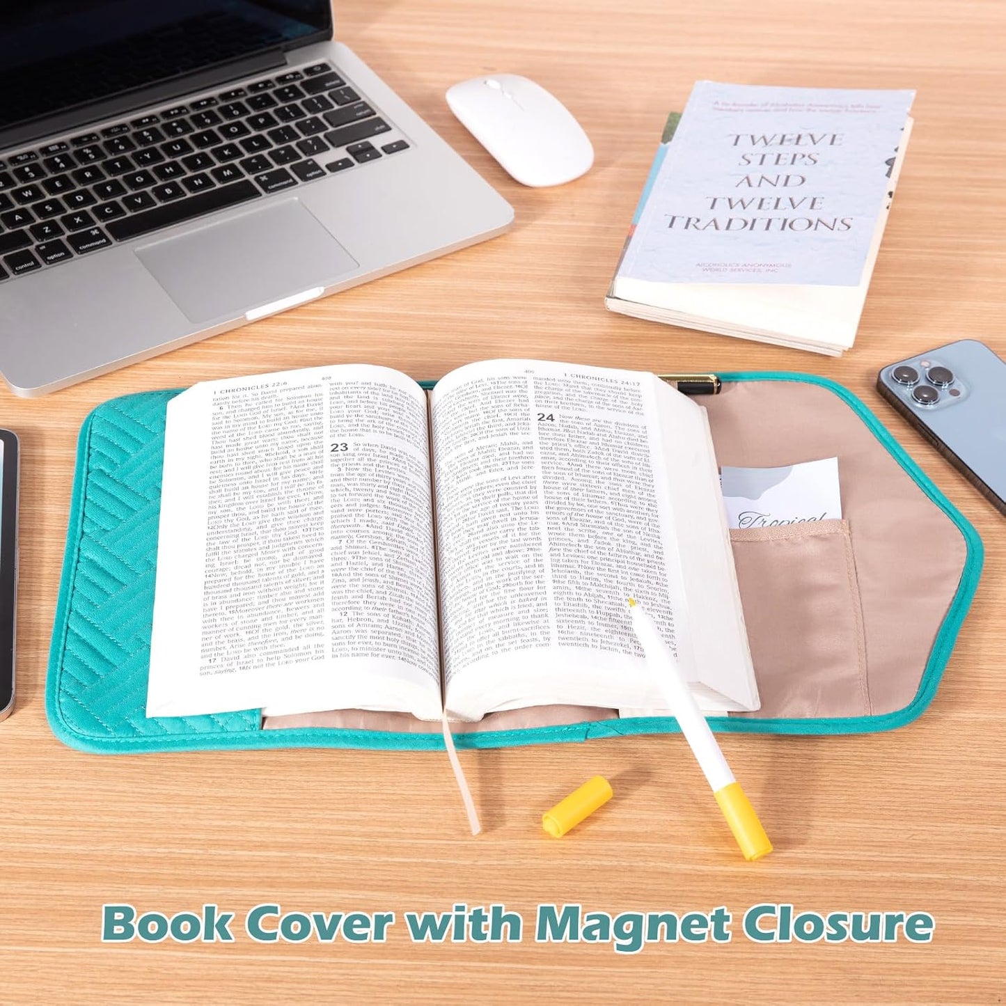 Reusable Book Cover with Magnet Closure - Adjustable Book Sleeve for Book Lovers Gift - Book Protector for Paperback -Book Covers for Hardcover - Book Pouch - Book Carrier Teal AM491
