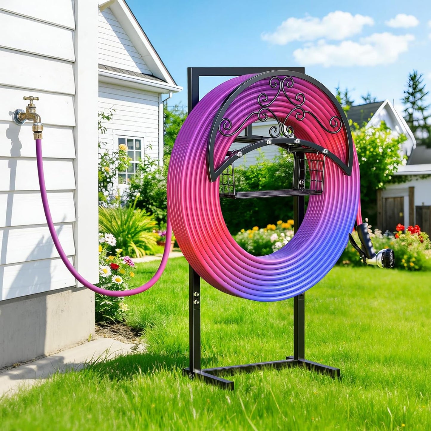 OLV Garden Hose Holder with Storage Basket, Outdoor Decorative Water Hose Holder Freestanding Stake Reels Holds 150-ft Pipe, Heavy Duty Metal Hose Storage Stand Hanger Rack for Outside Yard Lawn Farm