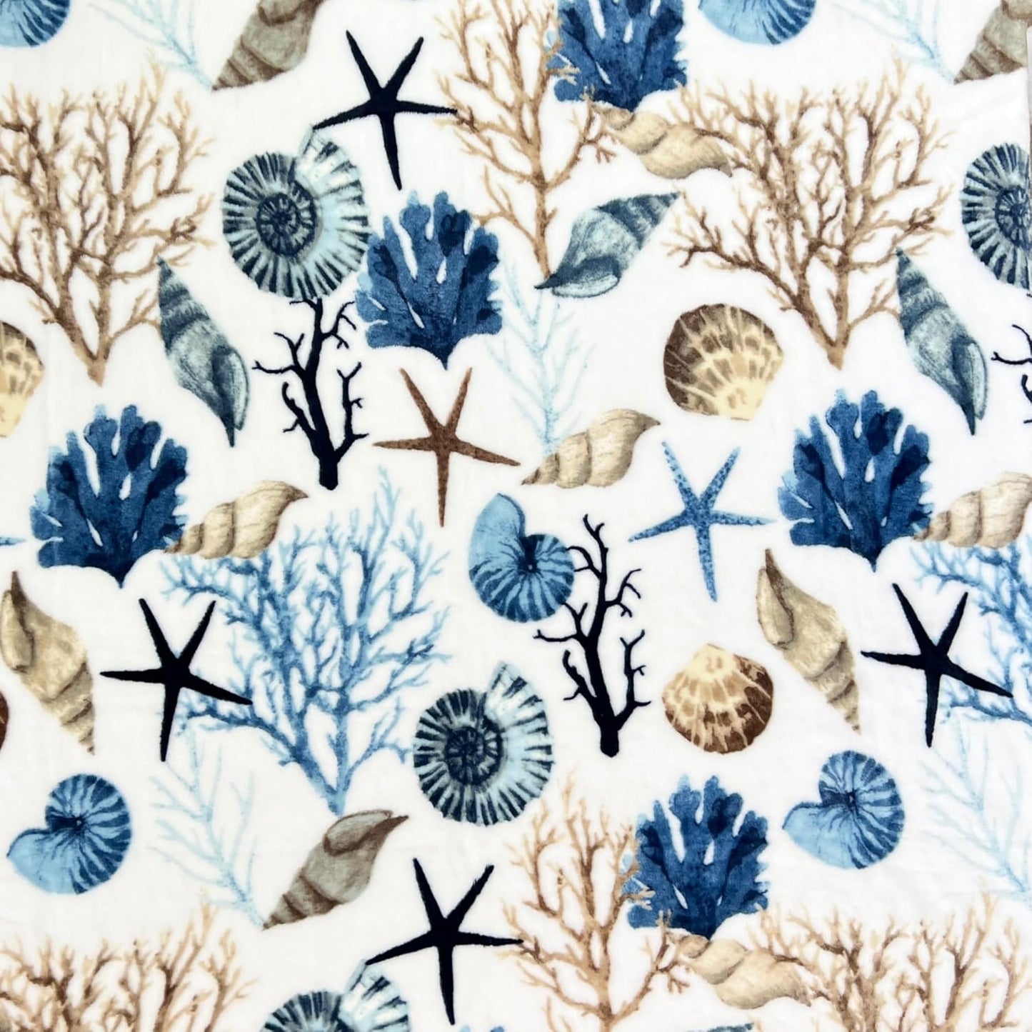 Ocean Life Coastal Throw Blanket: Soft Plush Velvet Fleece Blues Greys and Beige Brown on White, Accent with Shells Coral and Starfish, 50" x 70" Inches (Coral Reef)