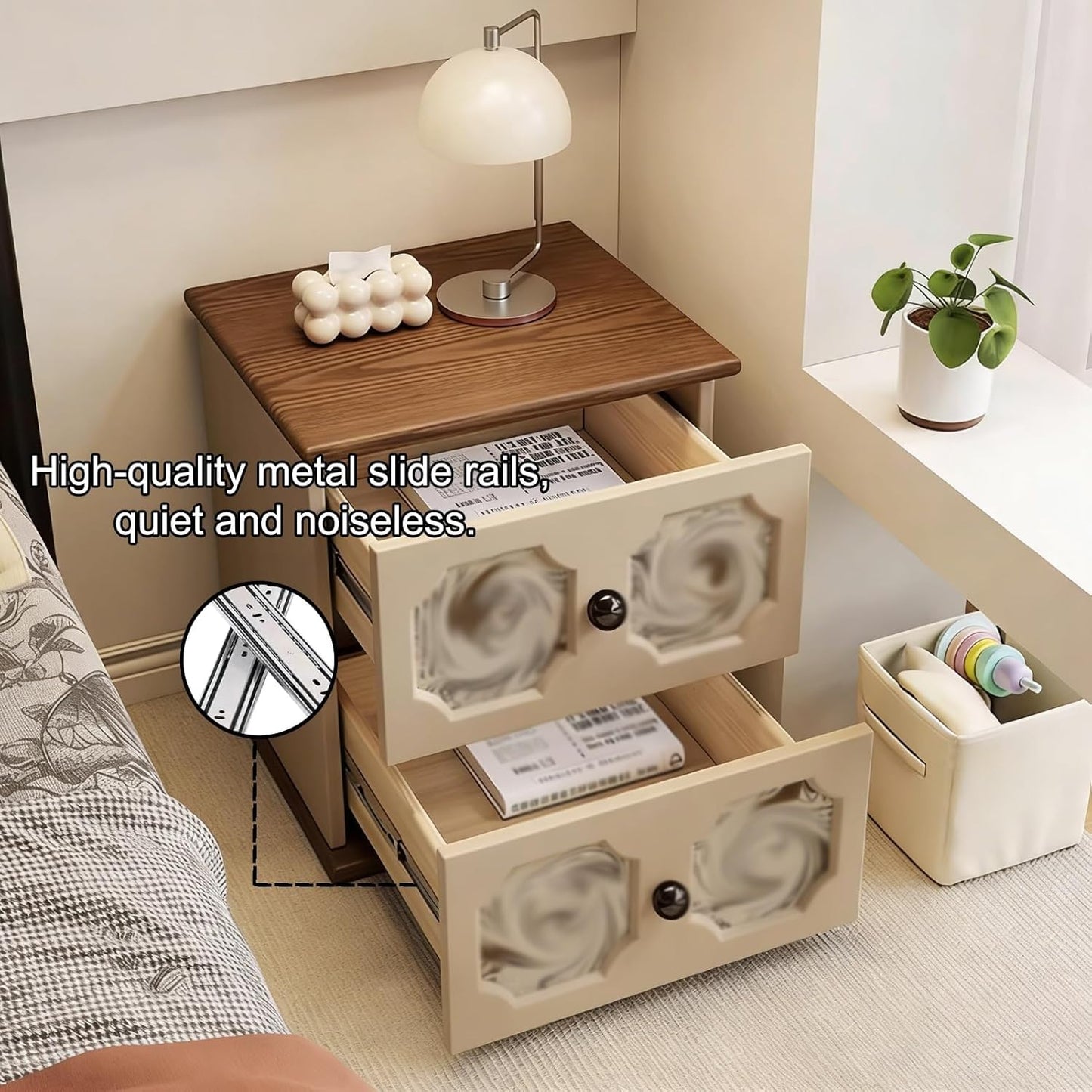 Rattan Night Stand, Solid Wood NightStand Mid-Century Vintage Bedside Table Leather Finish, Faux Wood Grain Countertop for Office/Living Room(Off-White,15.7x15x19.7in)
