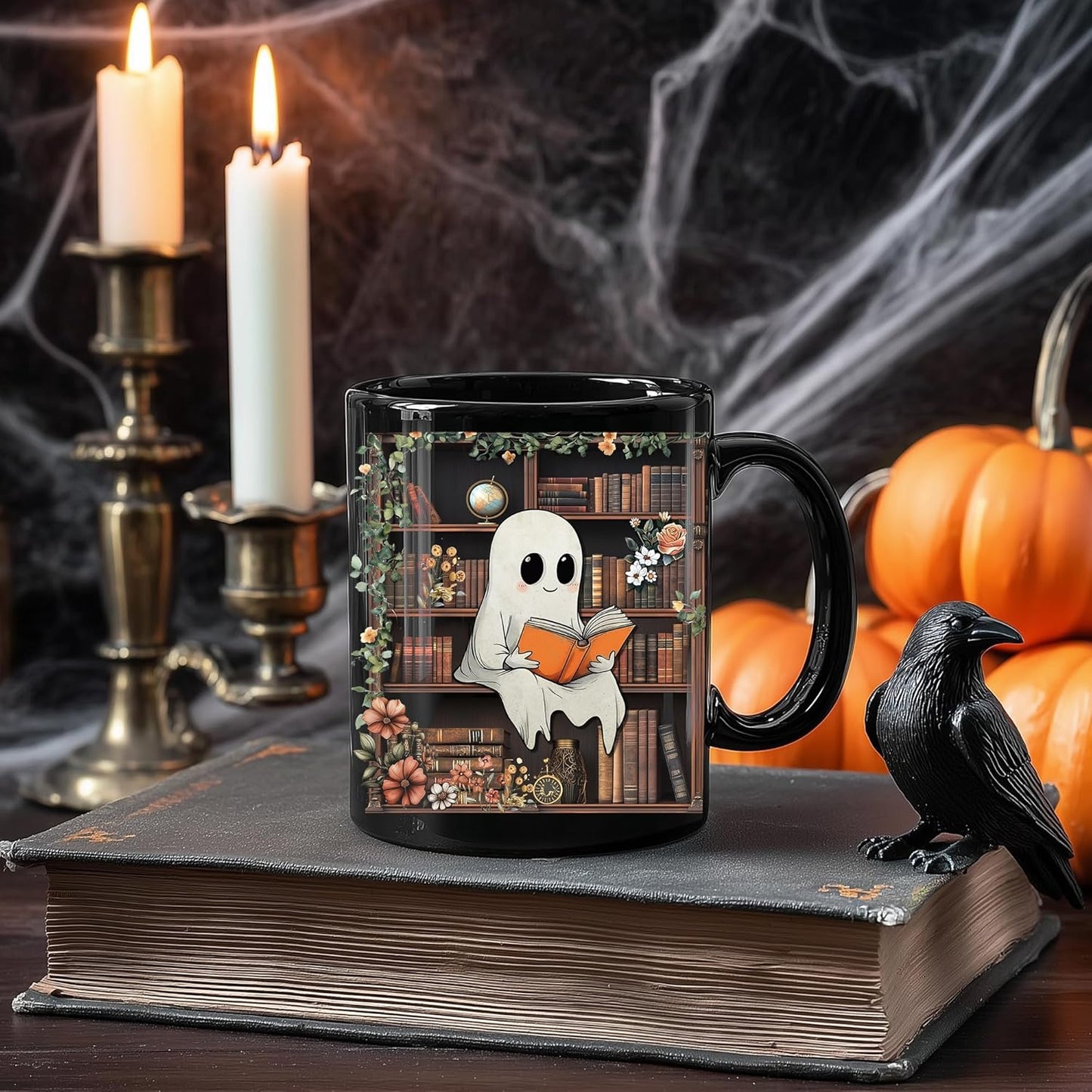 Cute Ghost Reading Mug Gifts on Birthday, Christmas, Funny Book Lover Coffee Mug For Readers, Bookish Decor for Women, Just One More Chapter, Book Club Gifts 11oz Black Ceramic Tea Cup