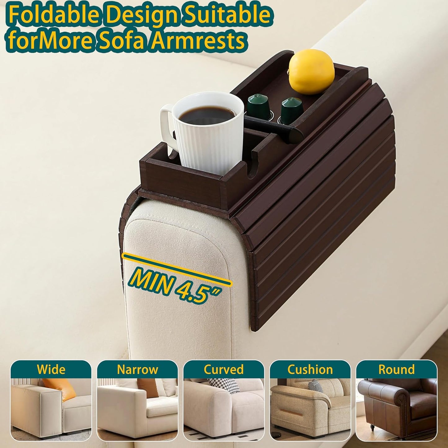 Bamboo Couch Cup Holder Arm Tray Table，Foldable Couch Drink Holder Armrest Table，Sofa Arm Rest Tray，Flexible Arm Chair Table Recliners for Drink,Cups, Snacks, Phone, Remote (Mahogany)