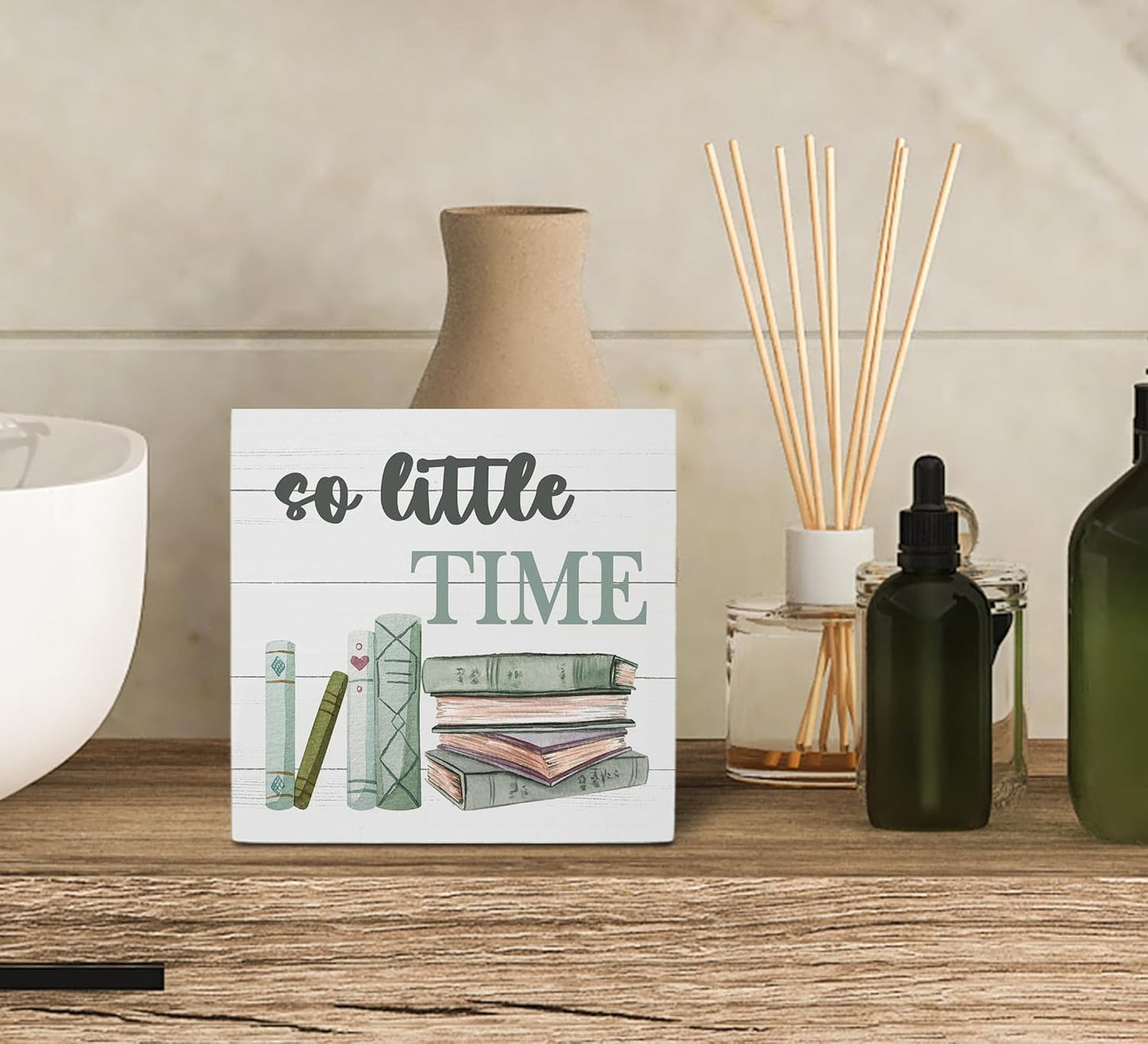KU-DaYi Book Quote So Little Time Wood Box Sign Rustic Farmhouse Style Wood Block Plaque Decor for Home Reading Room Library Classroom Bookshelf Wall Desk Shelf Decoration,Gifts for Book Lovers
