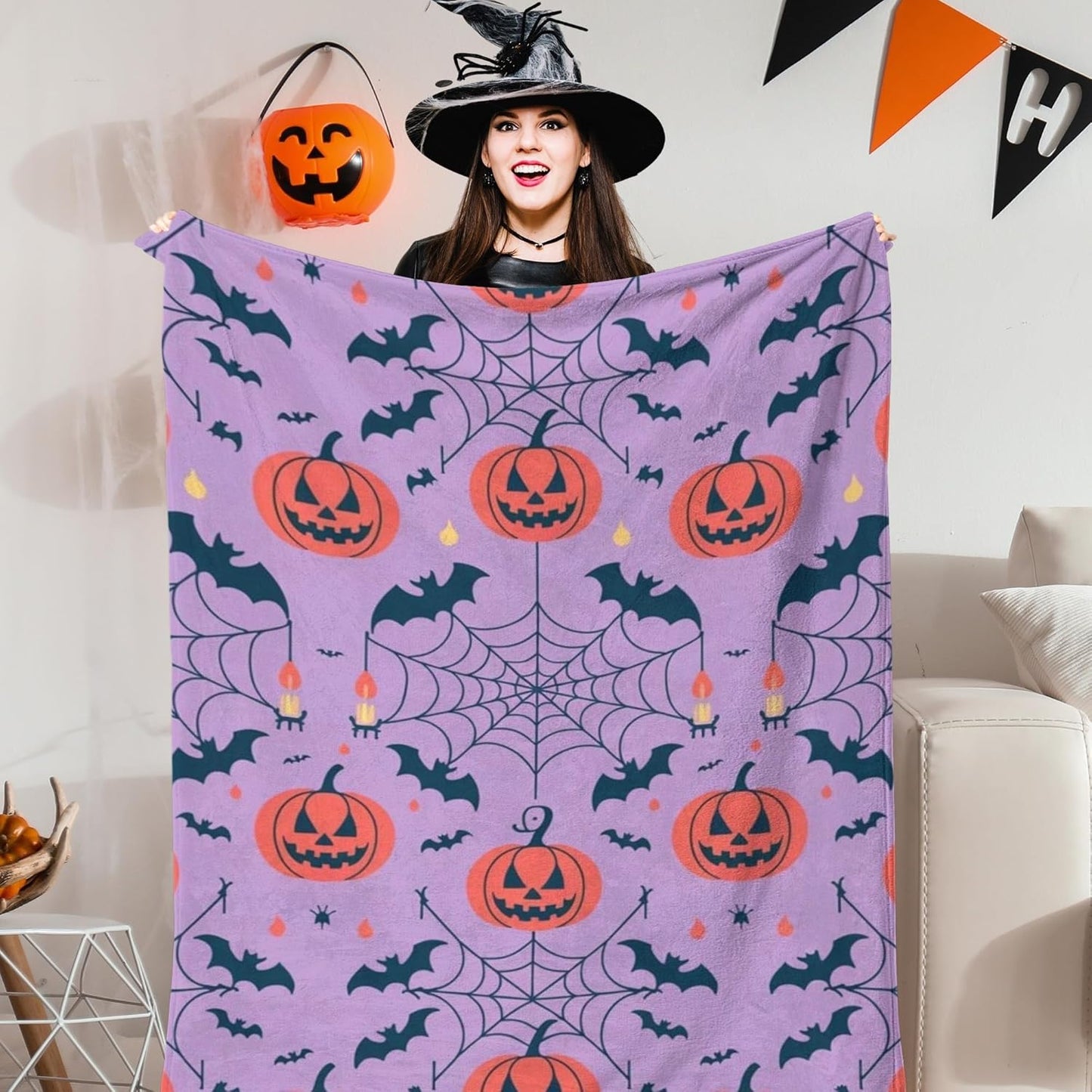 D-Story Halloween Fleece Throw Blanket Fall Pumpkin Blanket for Couch Sofa Bed Room Thanksgiving Gifts for Kids Adults 50" x 60" Purple