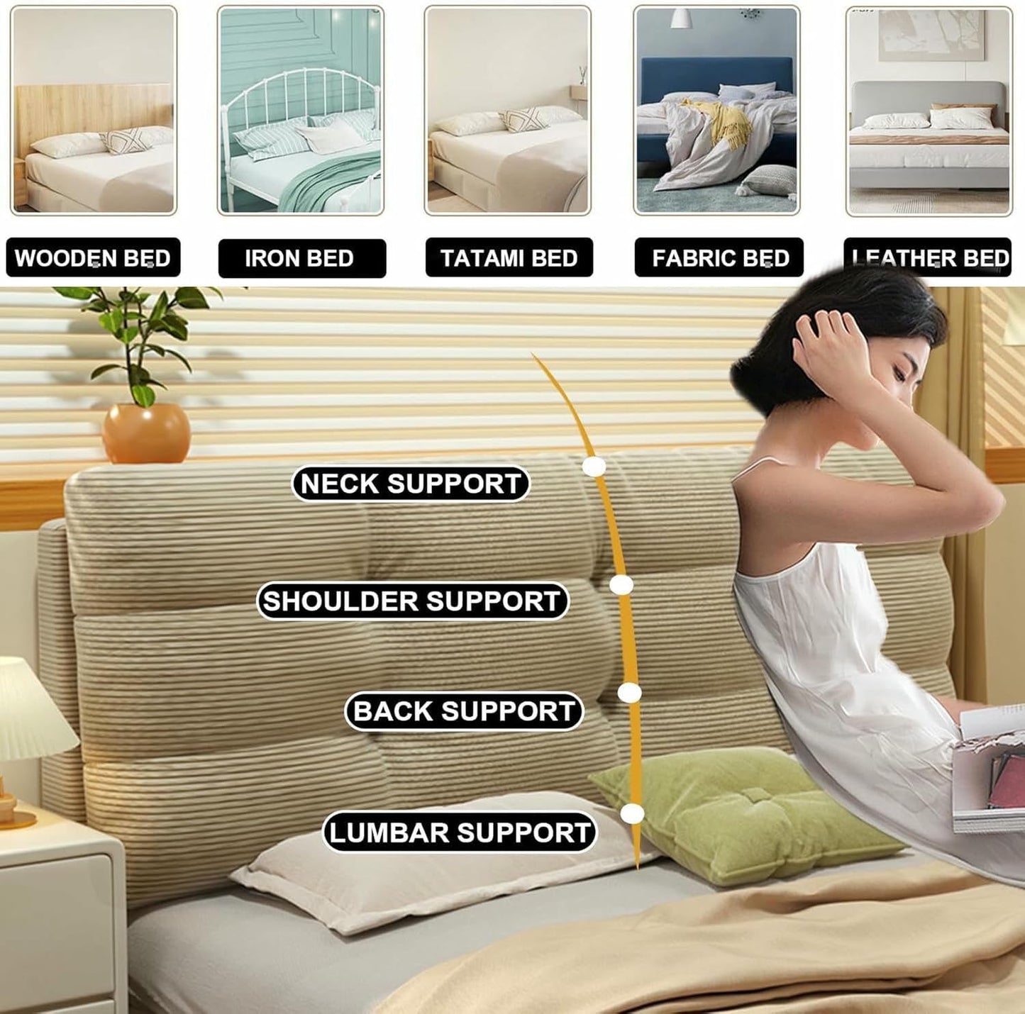 Headboard Pillow Striped Support Upholstered Lumbar Pillowboard Large Backrest Bedside Cushion Sofa Bed Bunk Bed Tatami Headboard with Removable Cover,White,Paste 79"/King