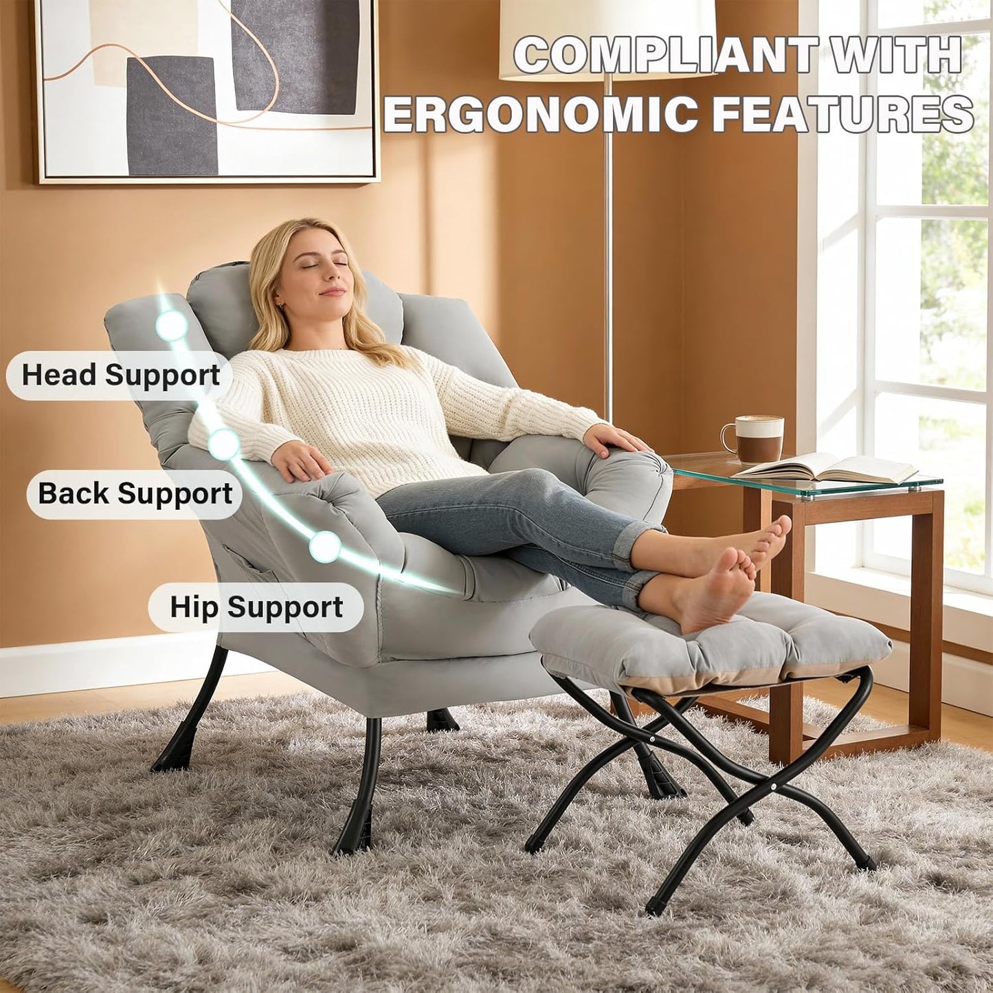 Lazy Chair with Folding Ottoman, Modern Accent Lounge Armchair with Armrests and a Side Pocket & Foldable Footstool, Leisure Reading Chair for Living Room, Bedroom, Dorm & Office, Light Grey
