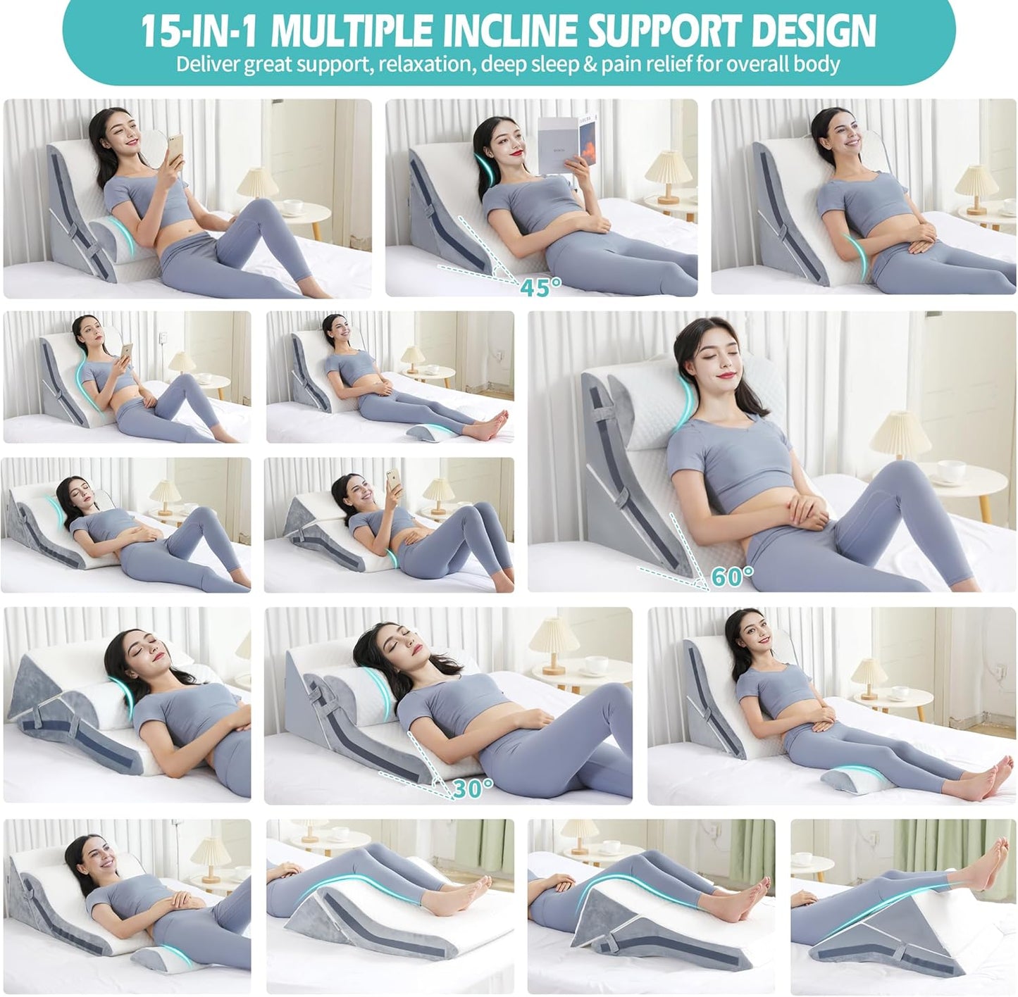 Wedge Pillow for Sleeping, Orthopedic Bed Wedge Pillow Set, 15-in-1 3PCS Adjustable Memory Foam Wedge Pillows Post Surgery, 9 &16 & 20 inches Height 3-in-1 Incline Wedges Pillows