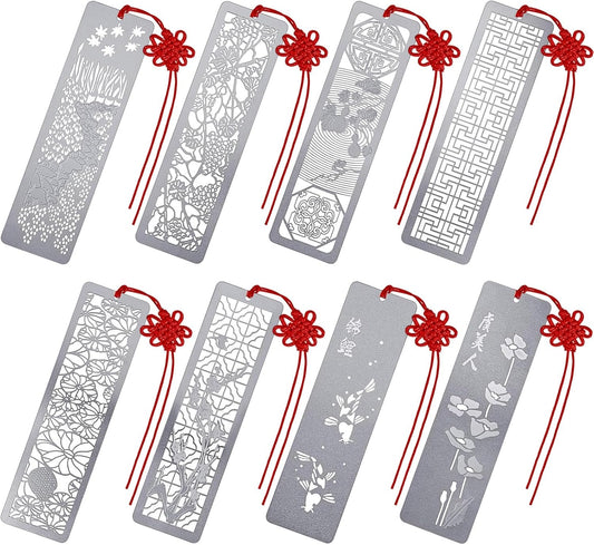 Outus 8 Pcs Hollow Metal Bookmarks Elegant Silver Gifts Classic Metal Hollow Chinese Page Marker for Women Men Stainless Steel Bookmark with Red Flower Knot