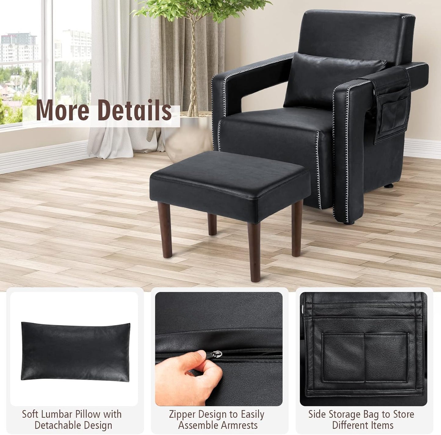 Giantex Modern Accent Chair with Ottoman, Soft Berber Fleece Single Sofa w/Side Storage Bag, Adjustable Foot Pads, Leisure Armchair for Office, Black